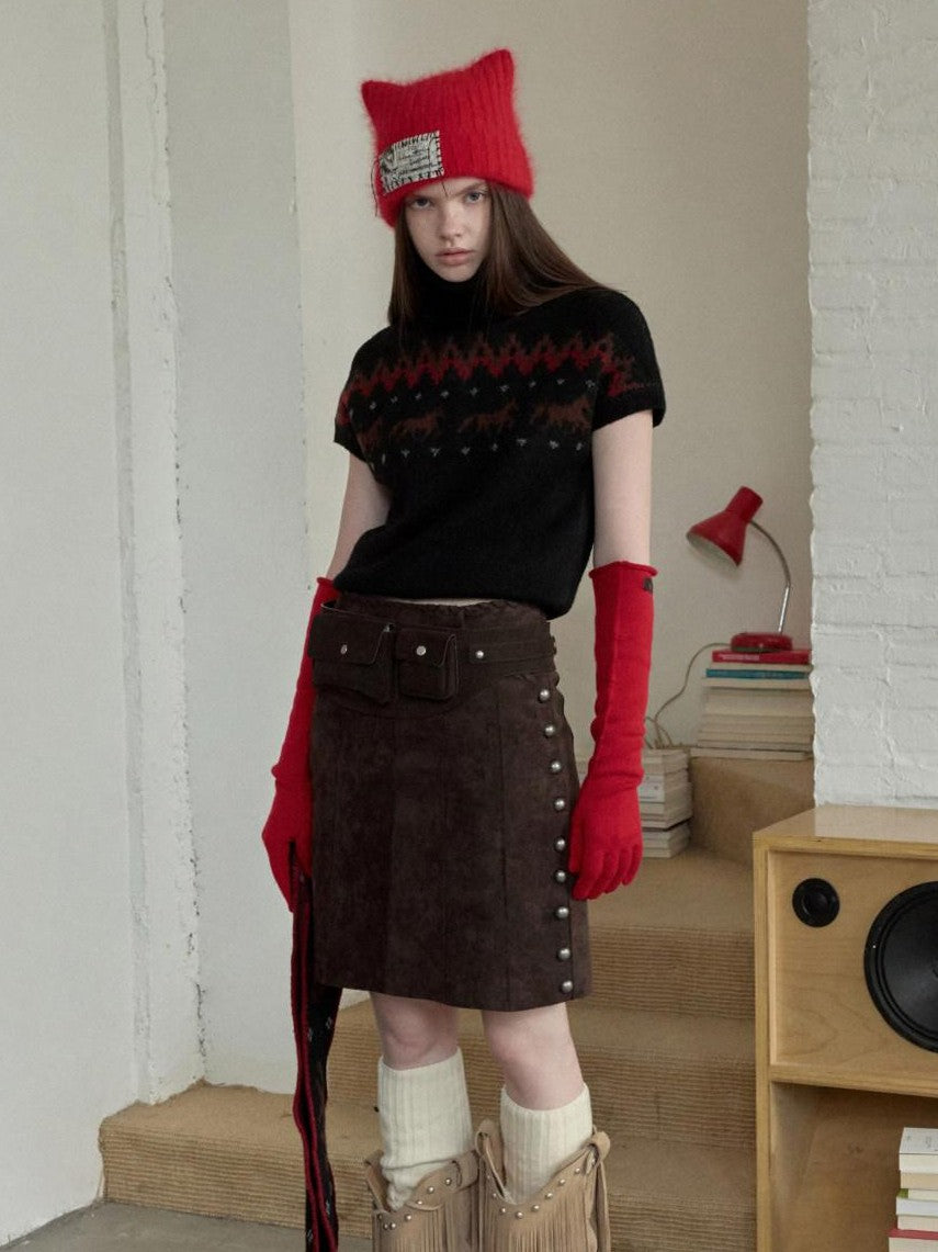 1JINN STUDIO Vintage Fair Isle Pony Jacquard Knitted Women&