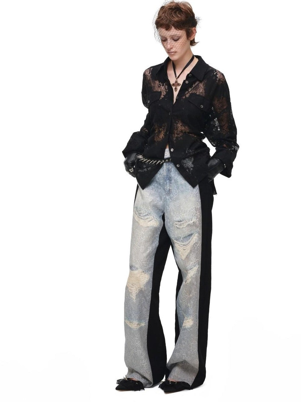 1JINN STUDIO Vintage Jacquard Tie Waist Frayed Hem Women&