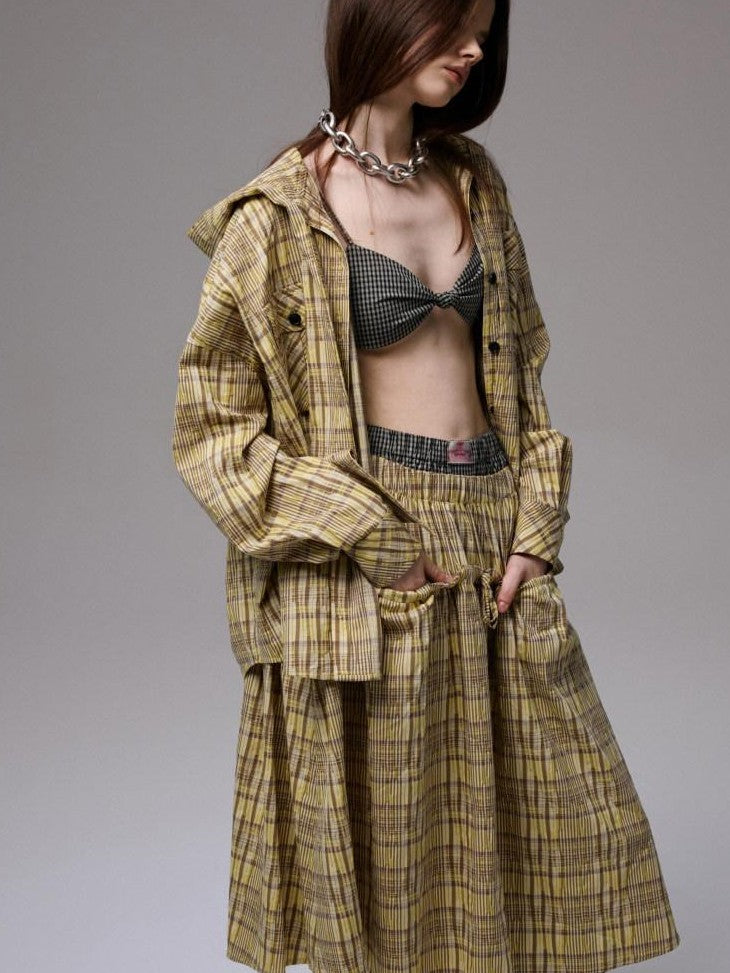 1JINN STUDIO Vintage Plaid Hooded Tie Shirt Drawstring Skirt Women&