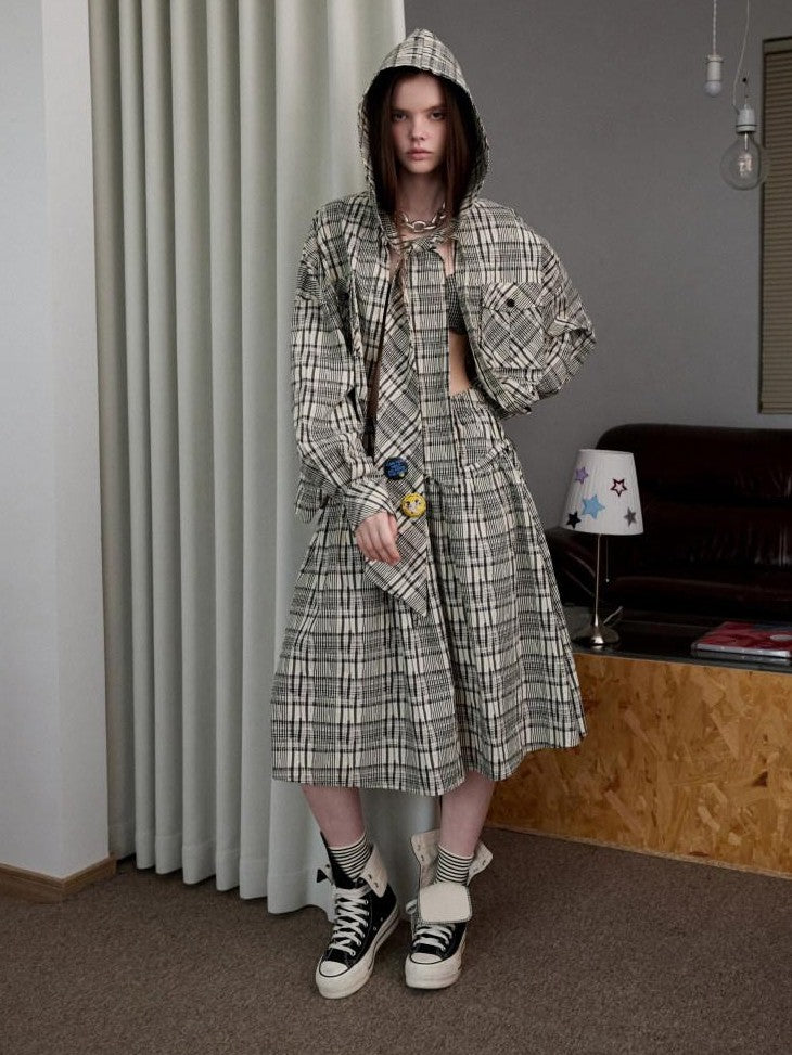 1JINN STUDIO Vintage Plaid Hooded Tie Shirt Drawstring Skirt Women&