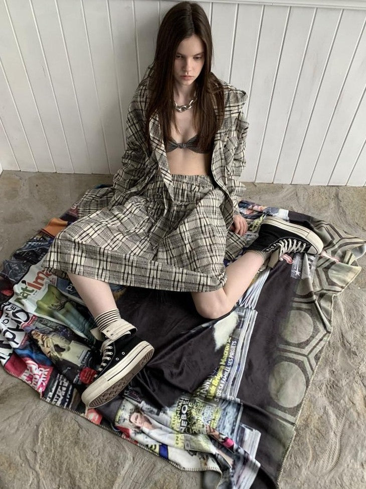 1JINN STUDIO Vintage Plaid Hooded Tie Shirt Drawstring Skirt Women&