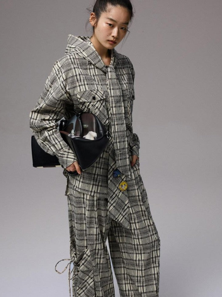 1JINN STUDIO Vintage Plaid Hooded Tie Shirt Drawstring Skirt Women&
