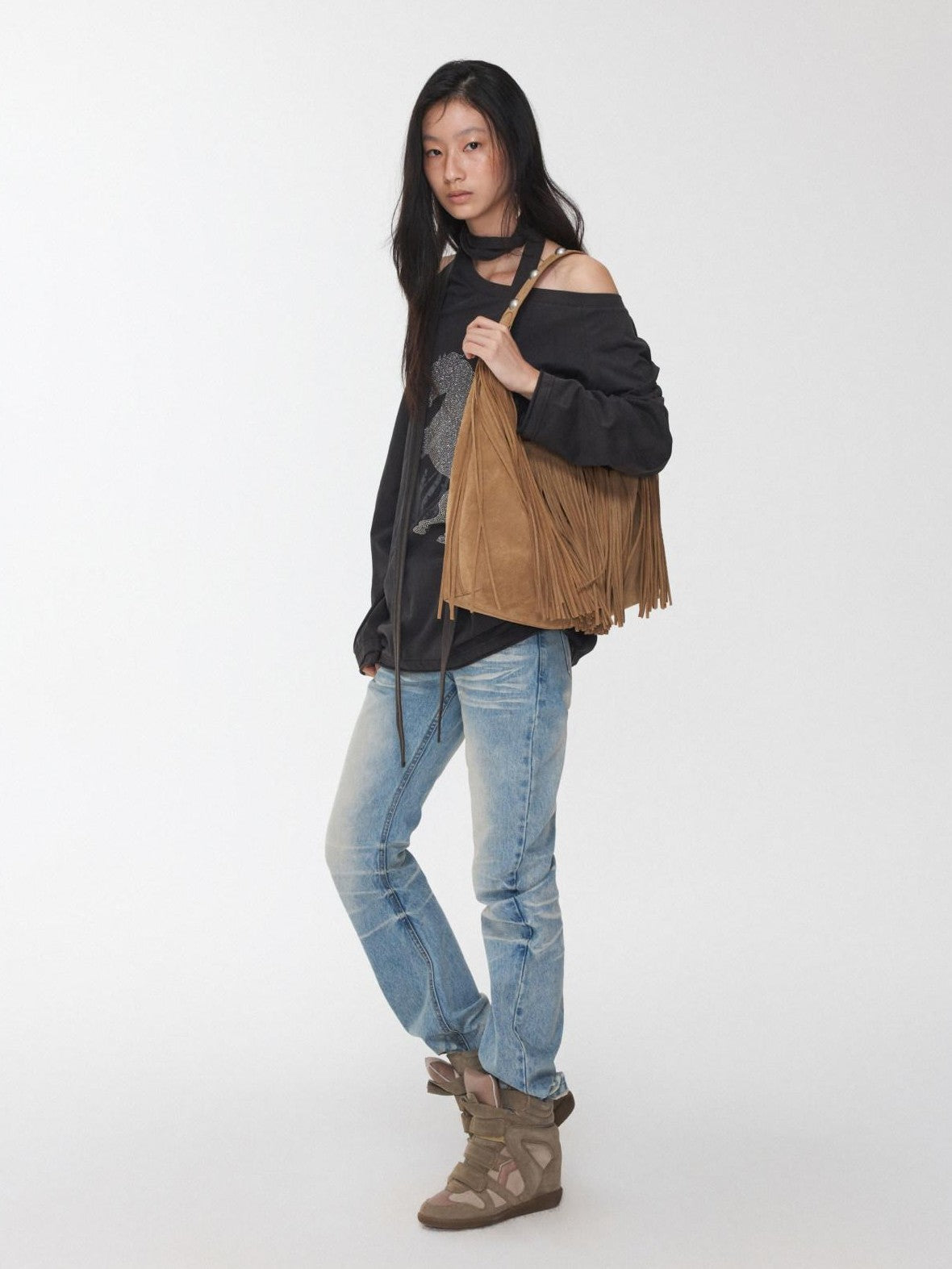 1JINN STUDIO Vintage Pleated Washed Whisker Low Waist Slim Women&