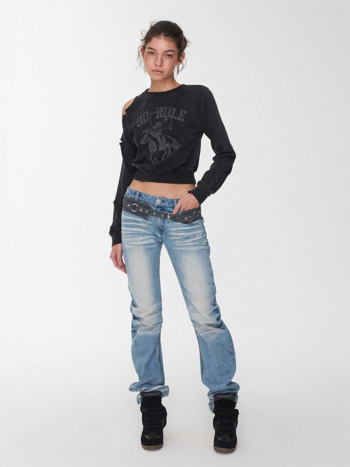 1JINN STUDIO Vintage Pleated Washed Whisker Low Waist Slim Women&