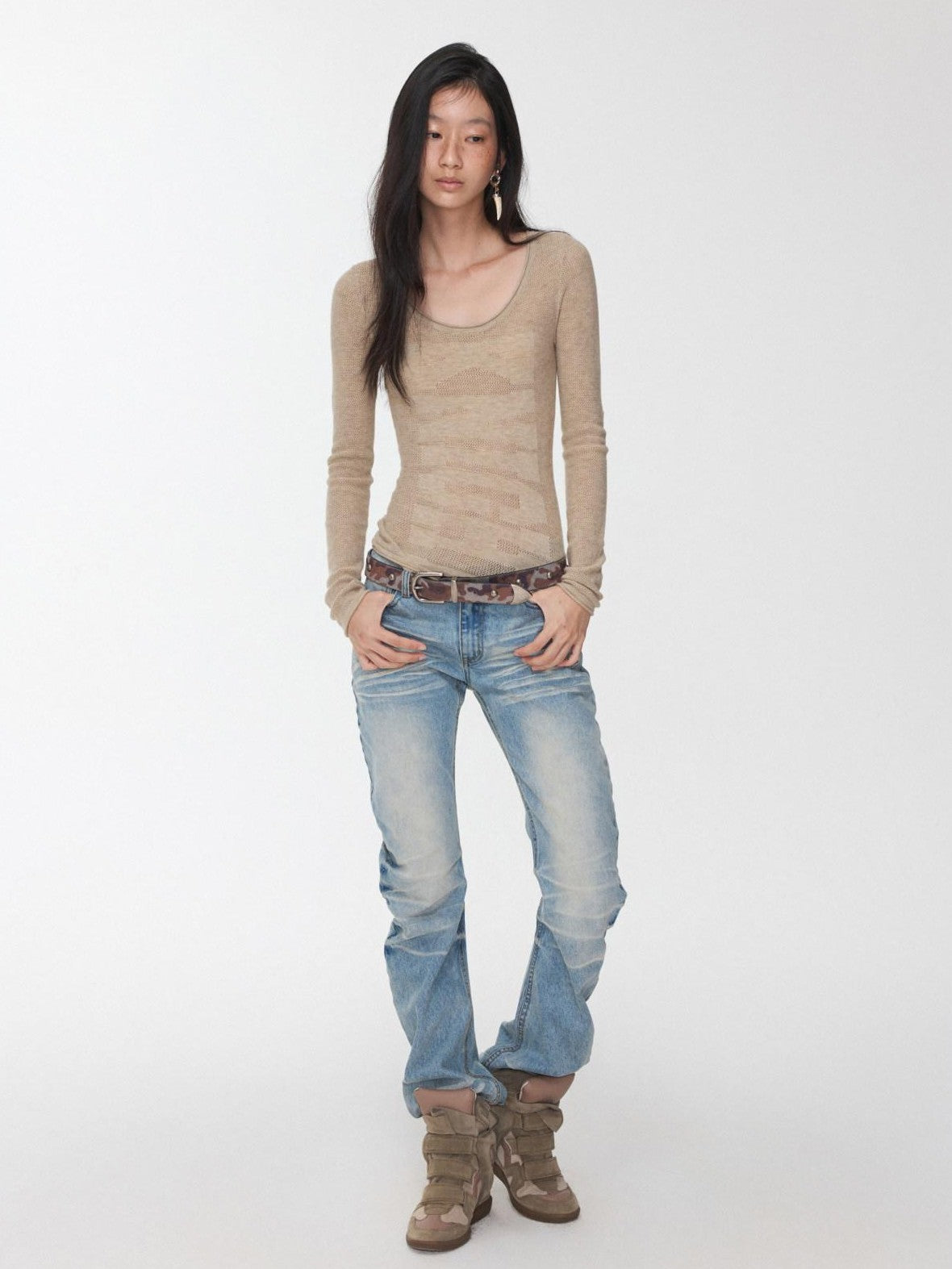 1JINN STUDIO Vintage Pleated Washed Whisker Low Waist Slim Women&