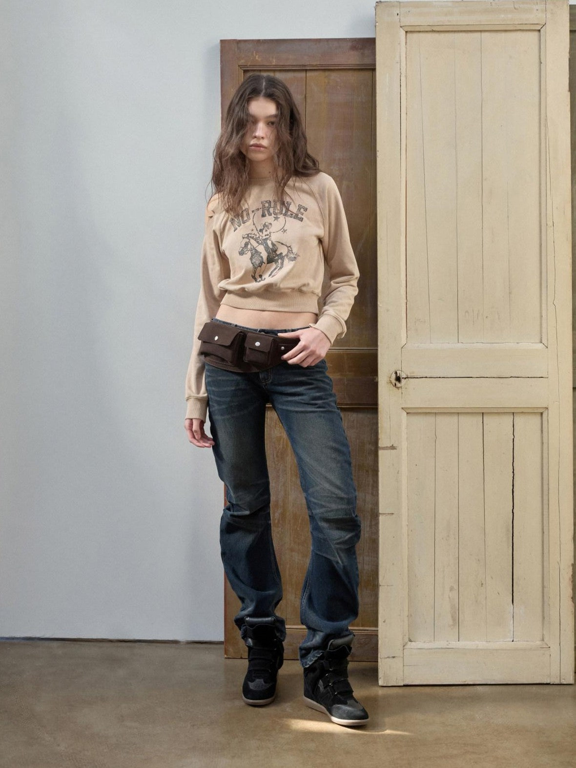 1JINN STUDIO Vintage Pleated Washed Whisker Low Waist Slim Women&