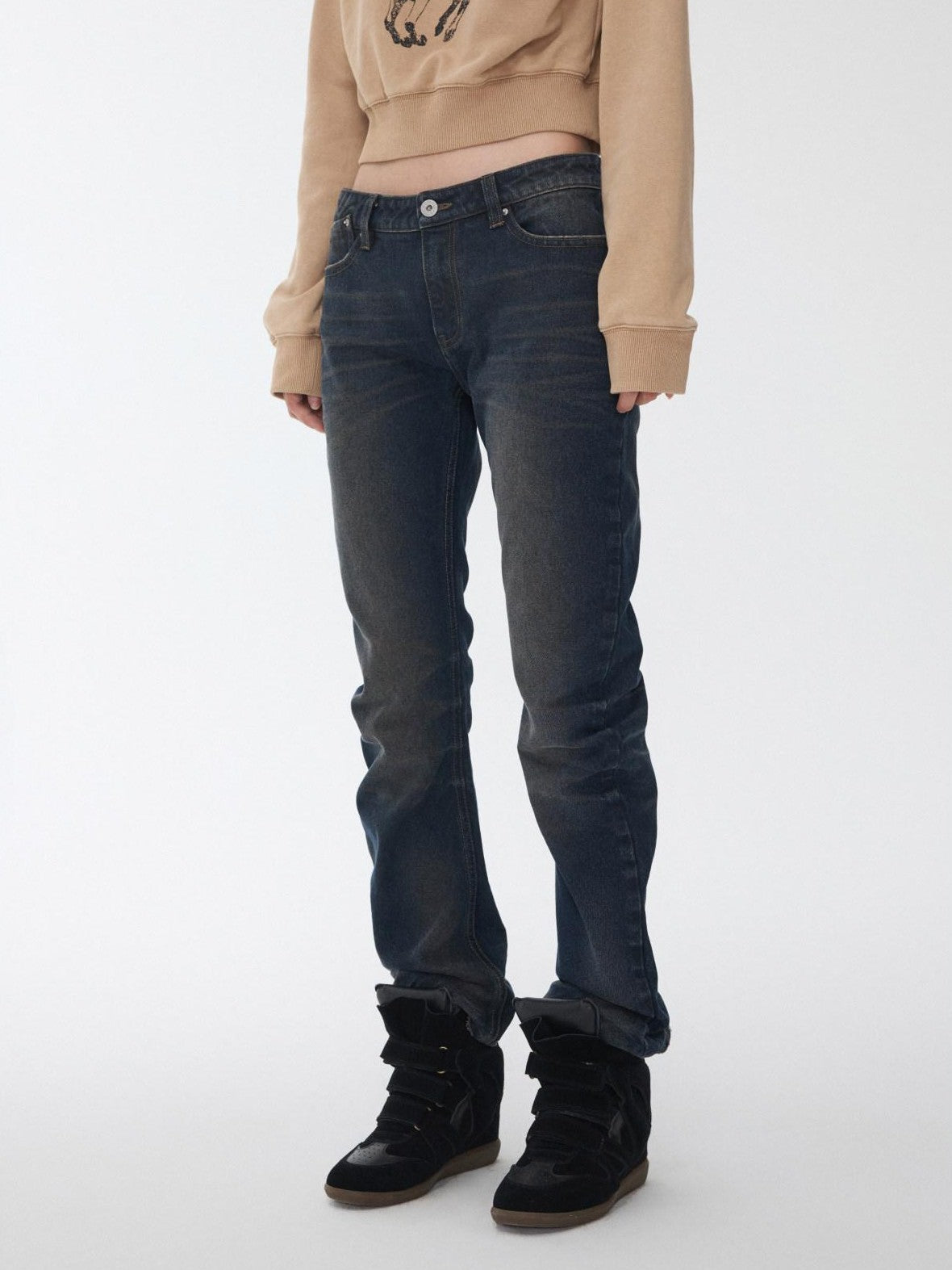 1JINN STUDIO Vintage Pleated Washed Whisker Low Waist Slim Women&