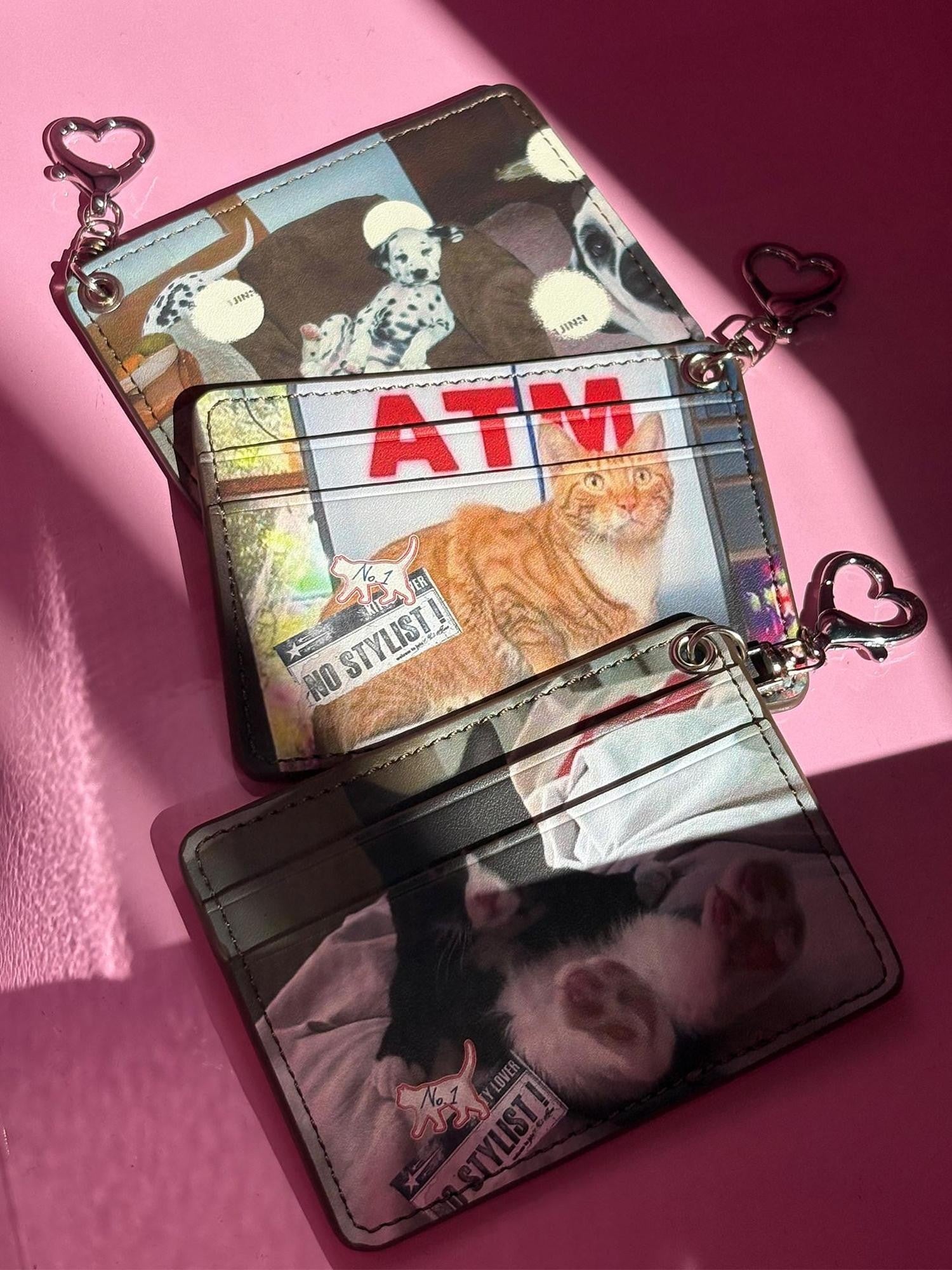 1JINN STUDIO Vintage Polka Dot Cat And Dog Love Print Double Card Slot Women&