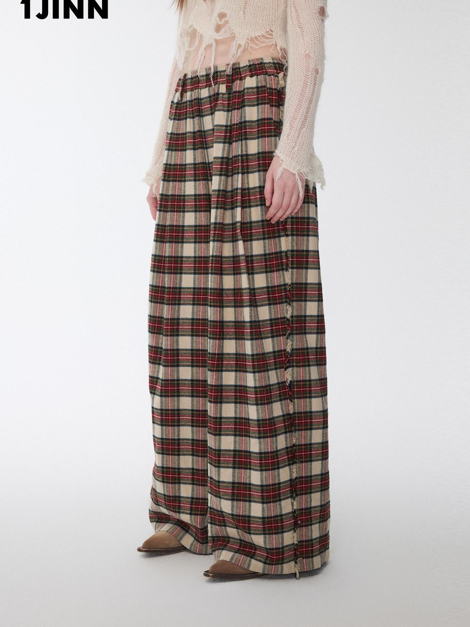 1JINN STUDIO Vintage Red Plaid Brushed Tie Waist High Rise Women&