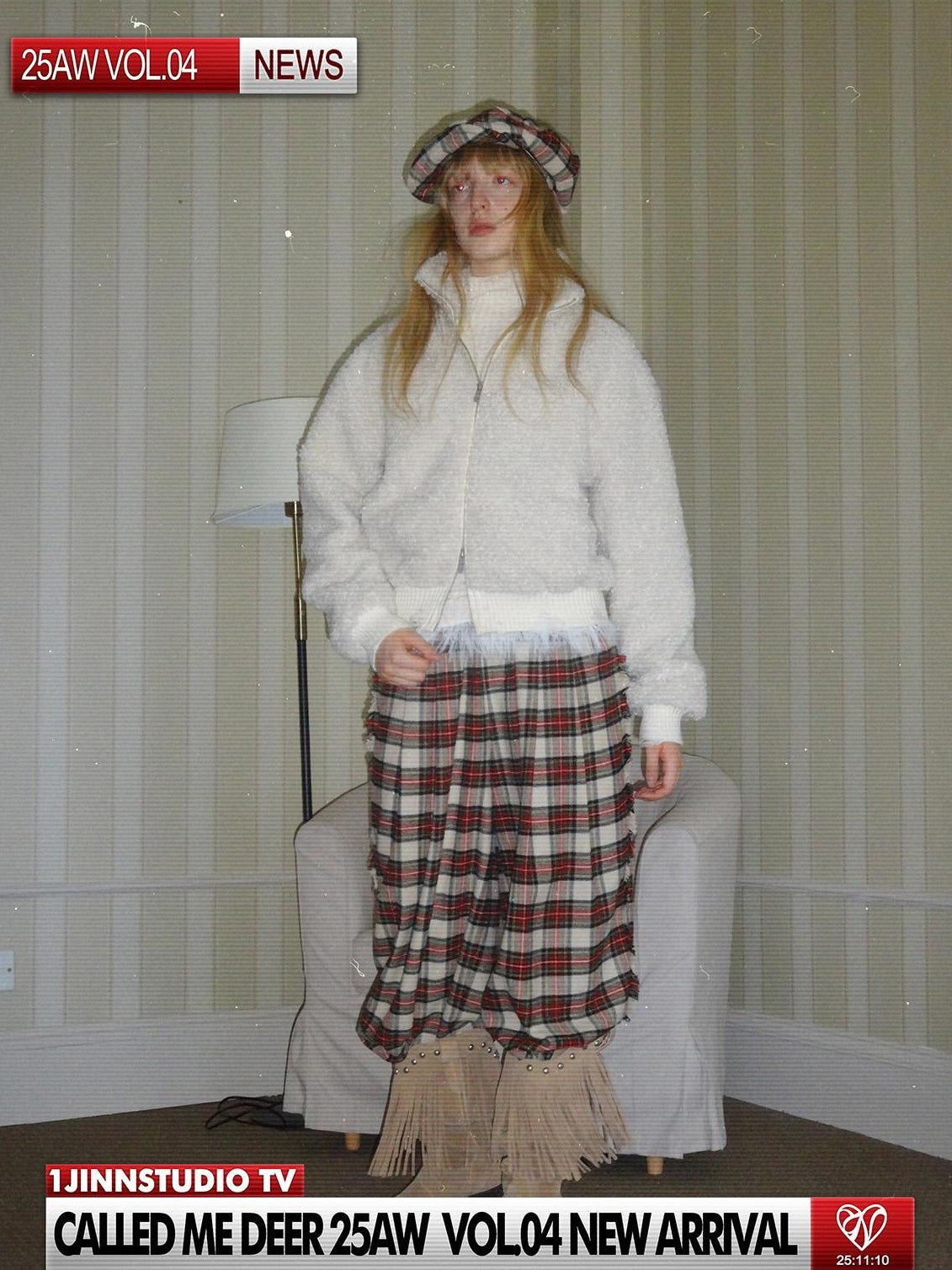 1JINN STUDIO Vintage Red Plaid Brushed Tie Waist High Rise Women&