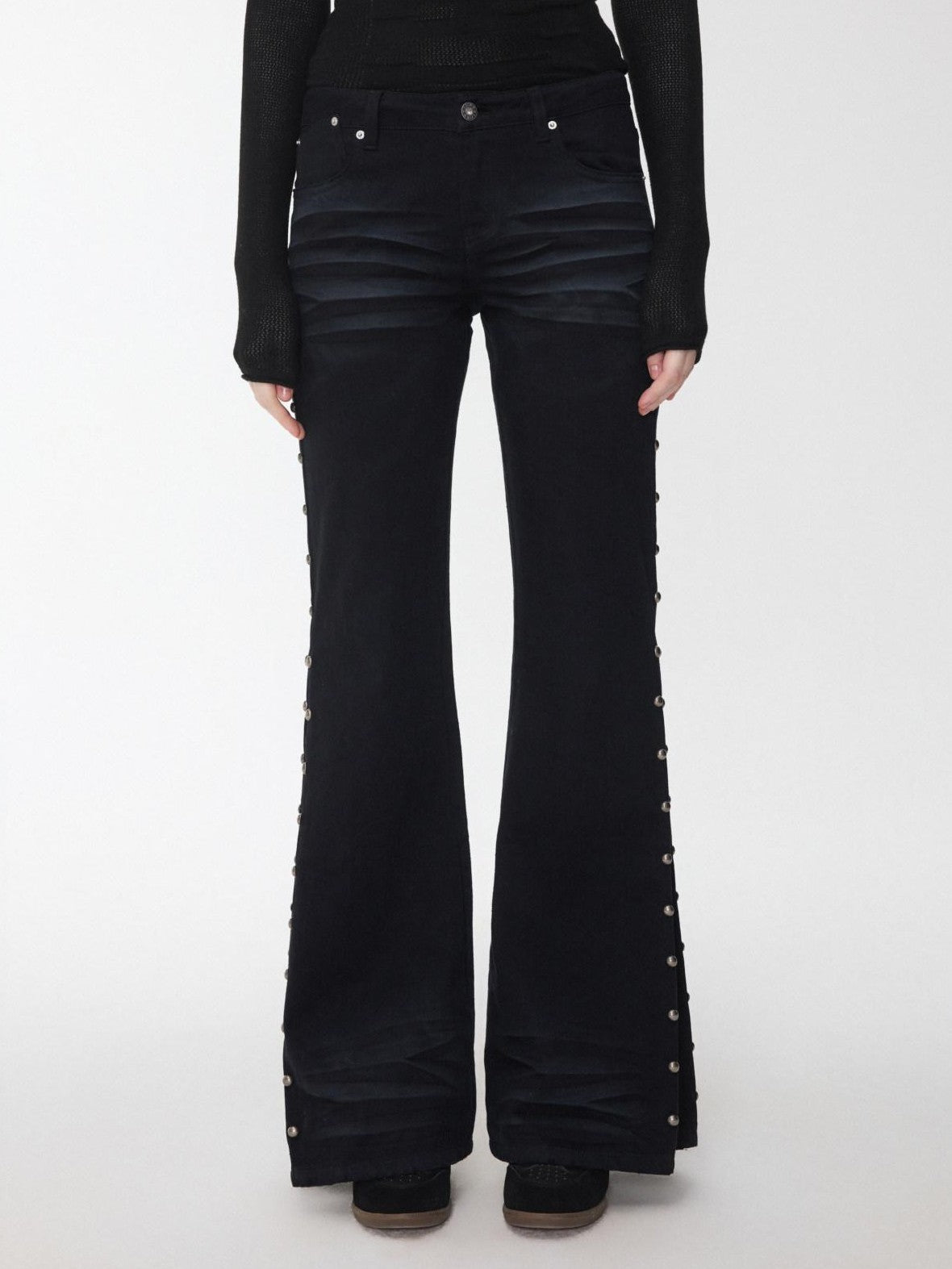 1JINN STUDIO Vintage Solid 3d Whisker Studded Low Waist Side Slit Women&