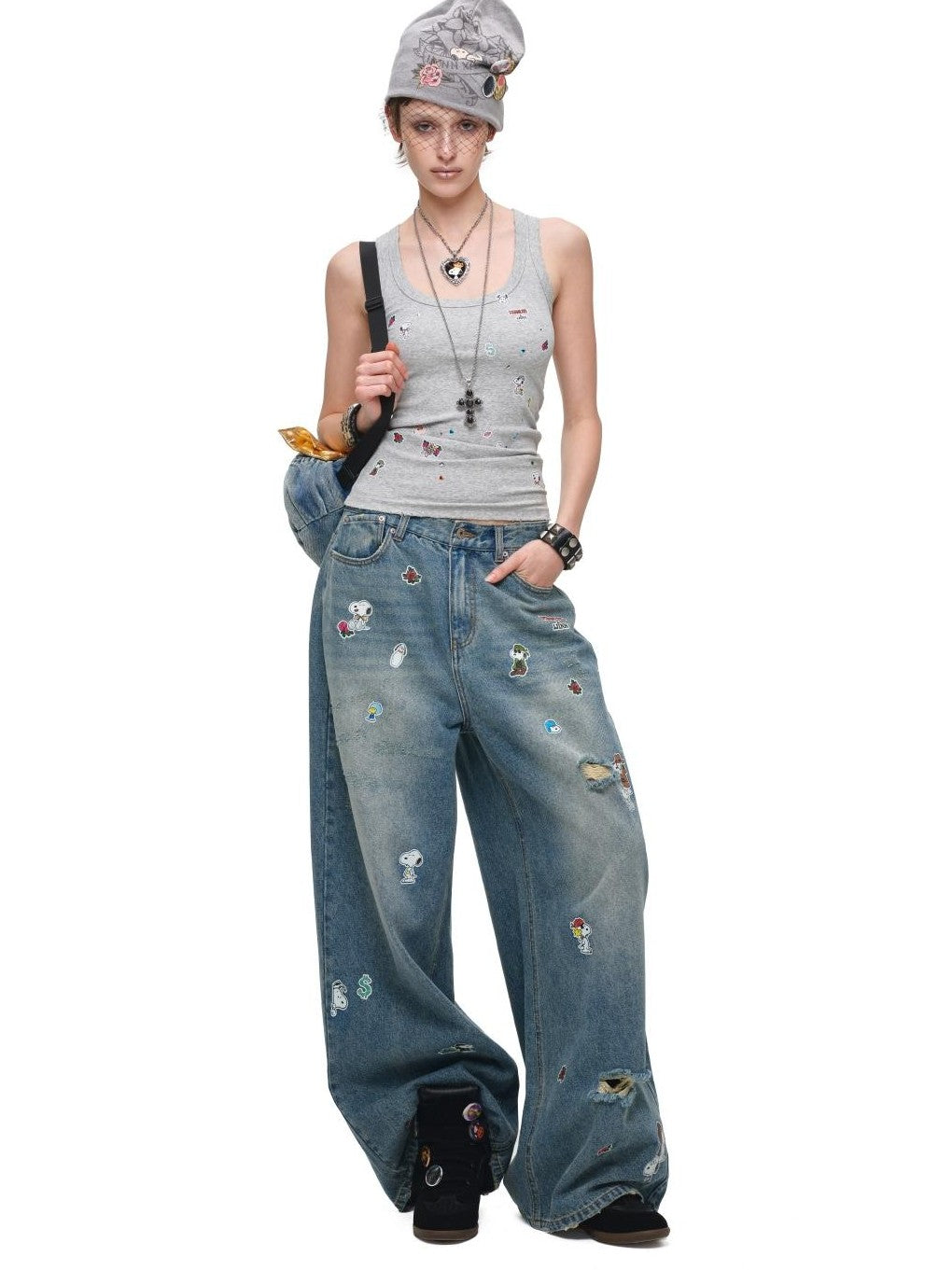 1JINN STUDIO Vintage Sticker Print Distressed Loose Women&