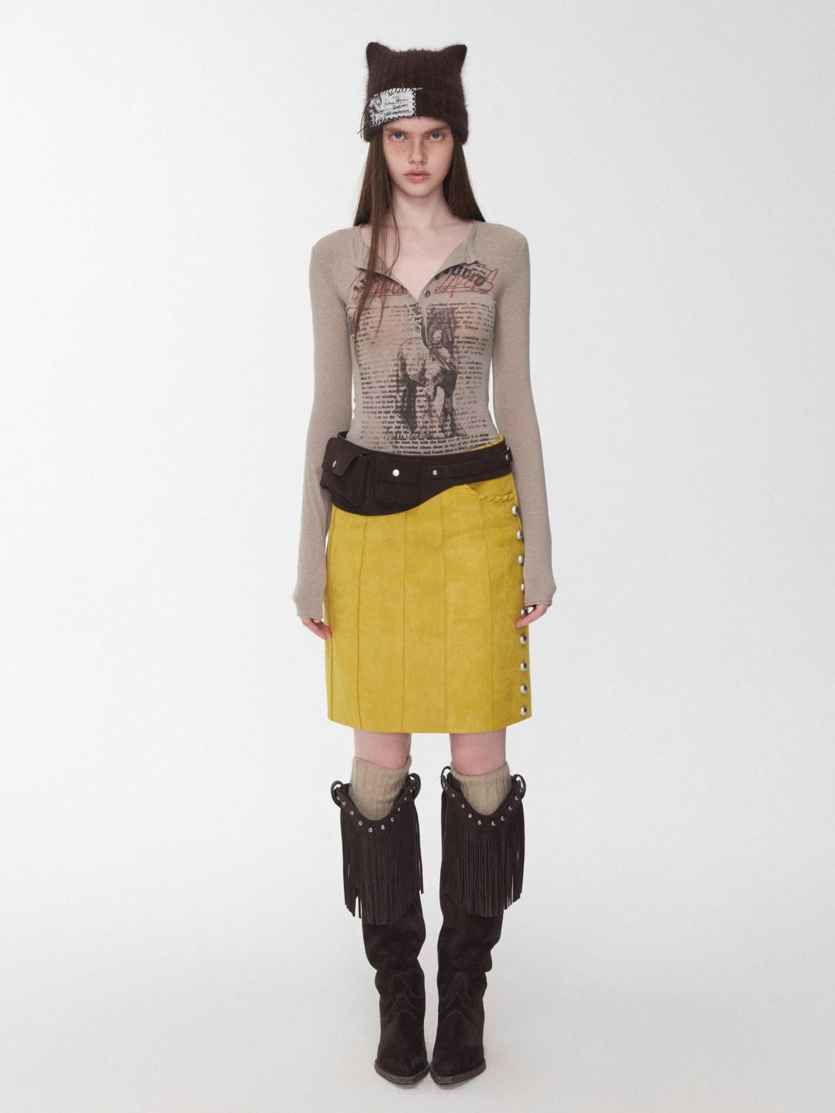 1JINN STUDIO Vintage Suede Studded High Waist Drawstring Women&