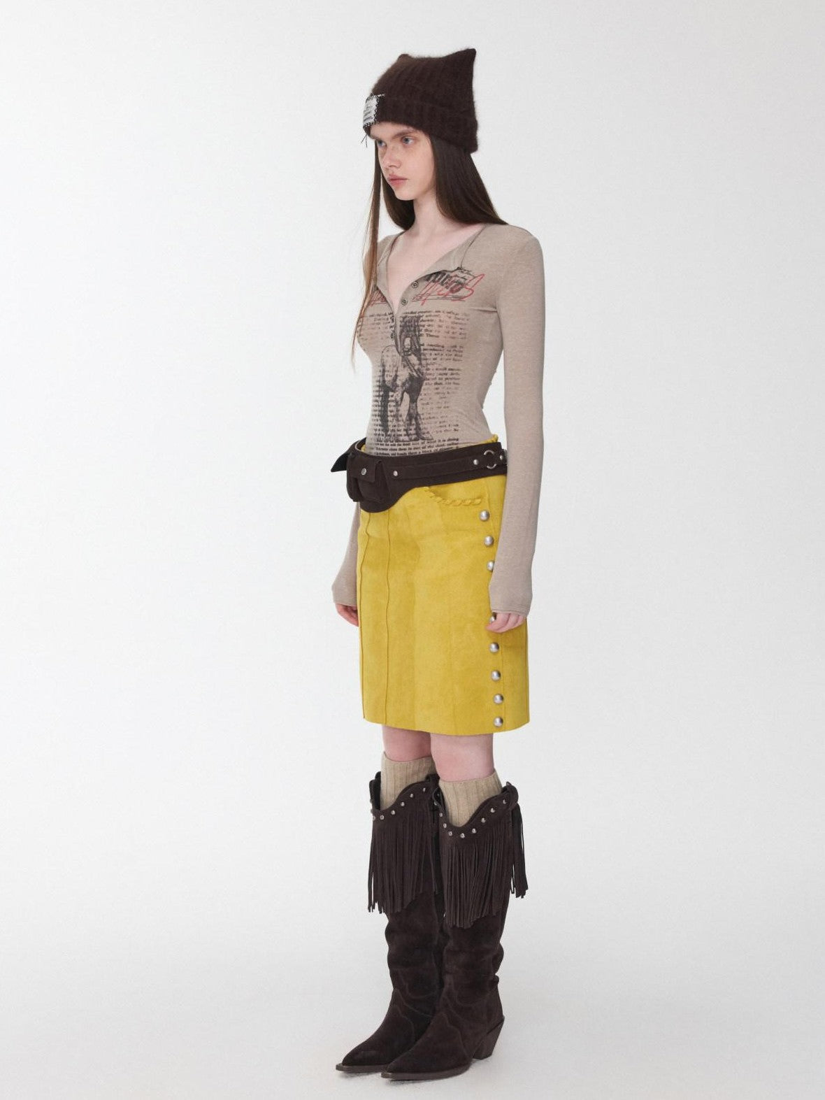 1JINN STUDIO Vintage Suede Studded High Waist Drawstring Women&