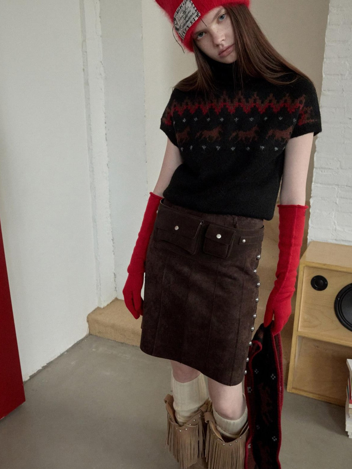 1JINN STUDIO Vintage Suede Studded High Waist Drawstring Women&