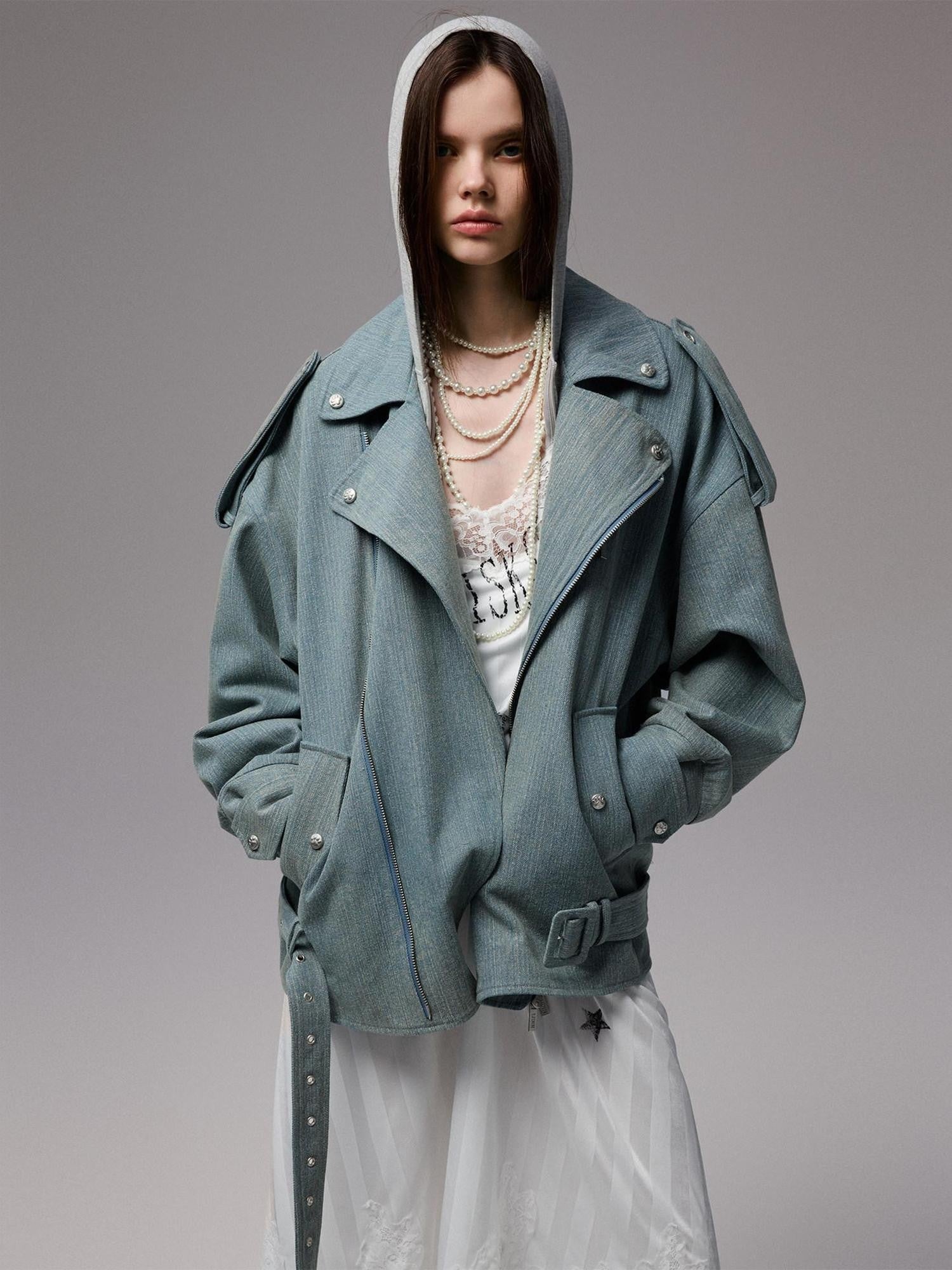 1JINN STUDIO Vintage Washed Biker Drop Shoulder Loose Fit Slim Women&