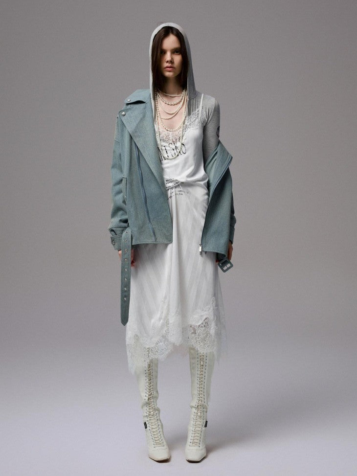 1JINN STUDIO Vintage Washed Biker Drop Shoulder Loose Fit Slim Women&