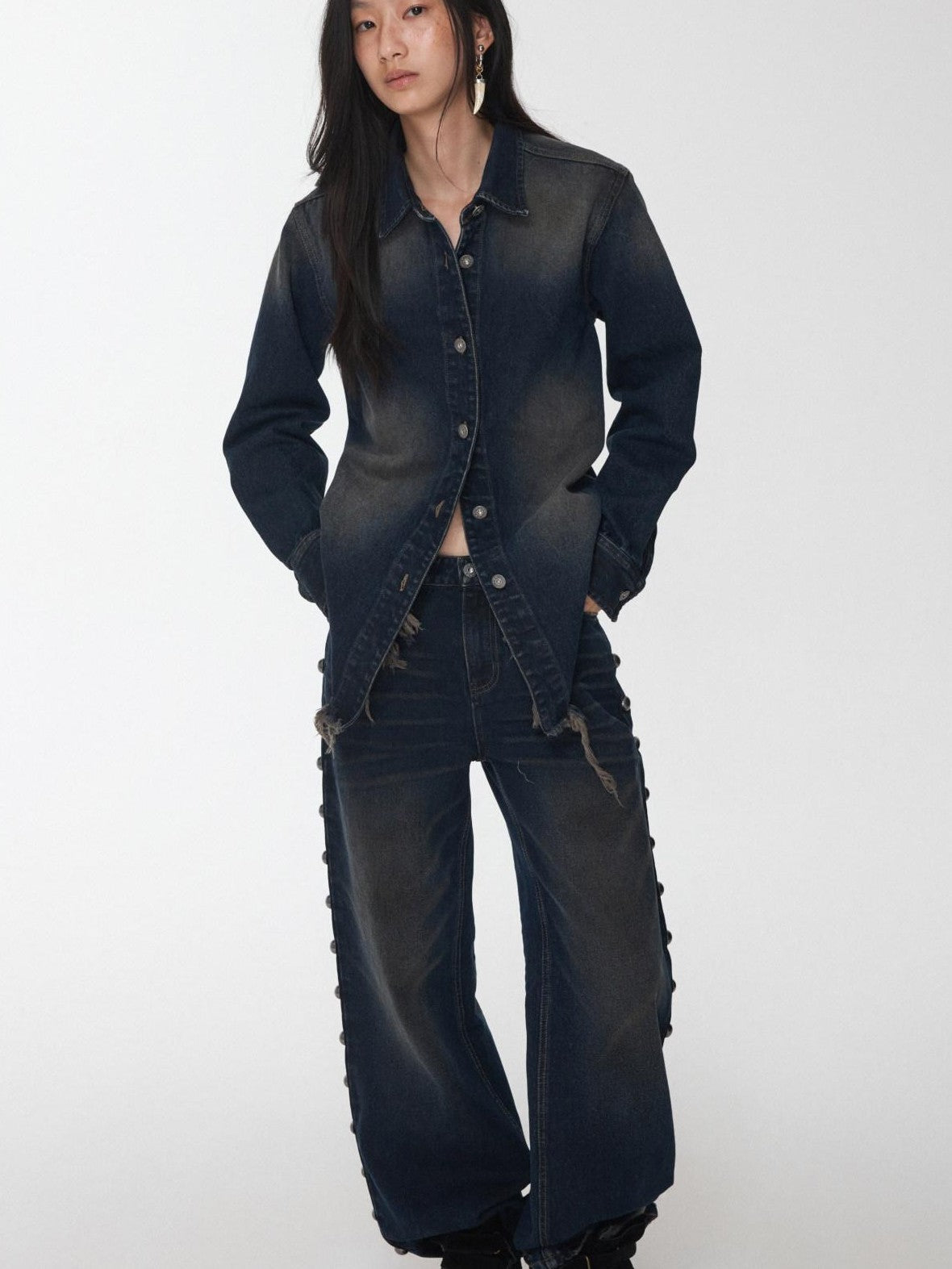 1JINN STUDIO Vintage Washed Frayed Hem Distressed Fitted Women&
