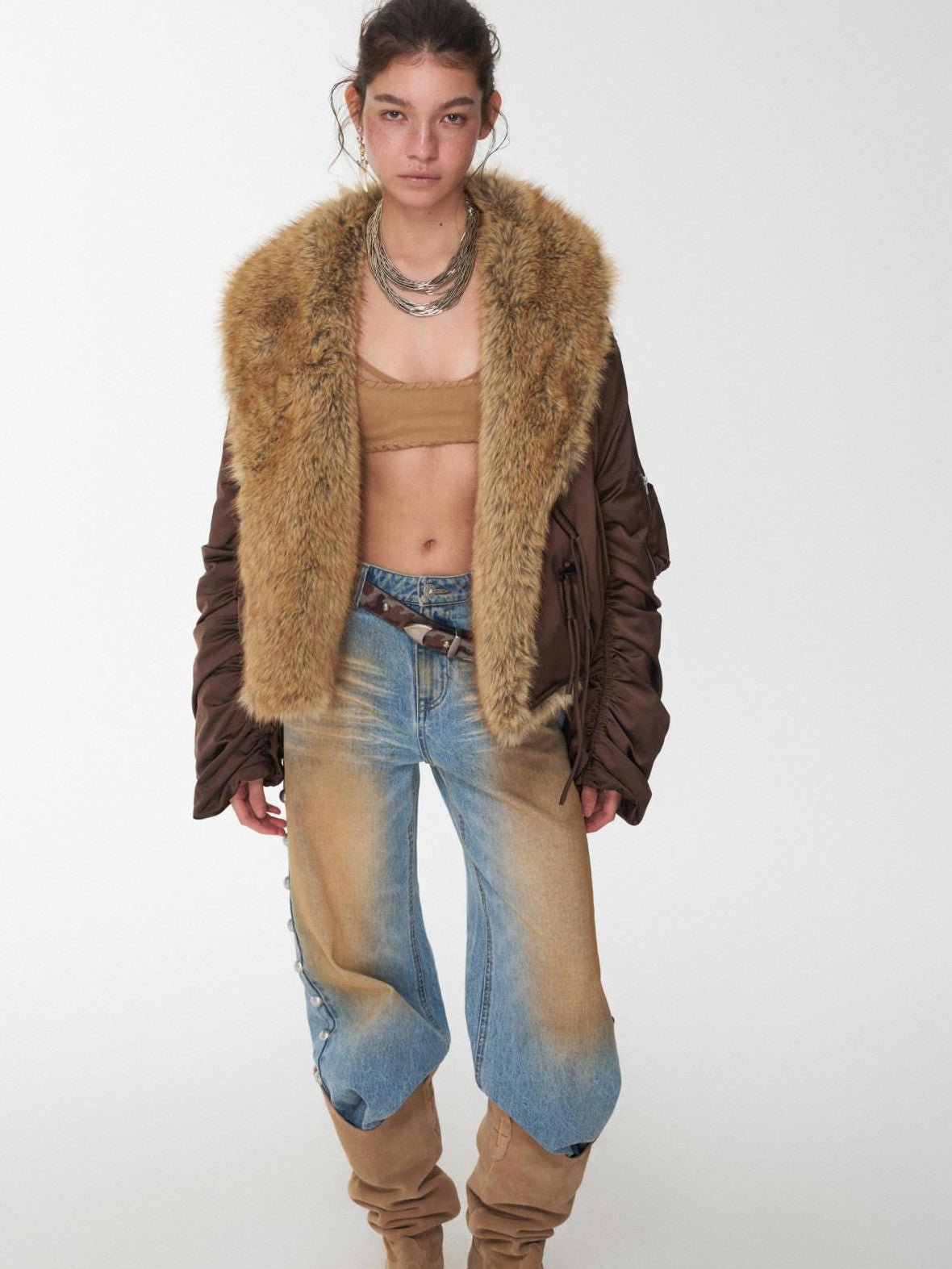 1JINN STUDIO Vintage Workwear Pleated Sleeve Contrast Fur Collar Women&