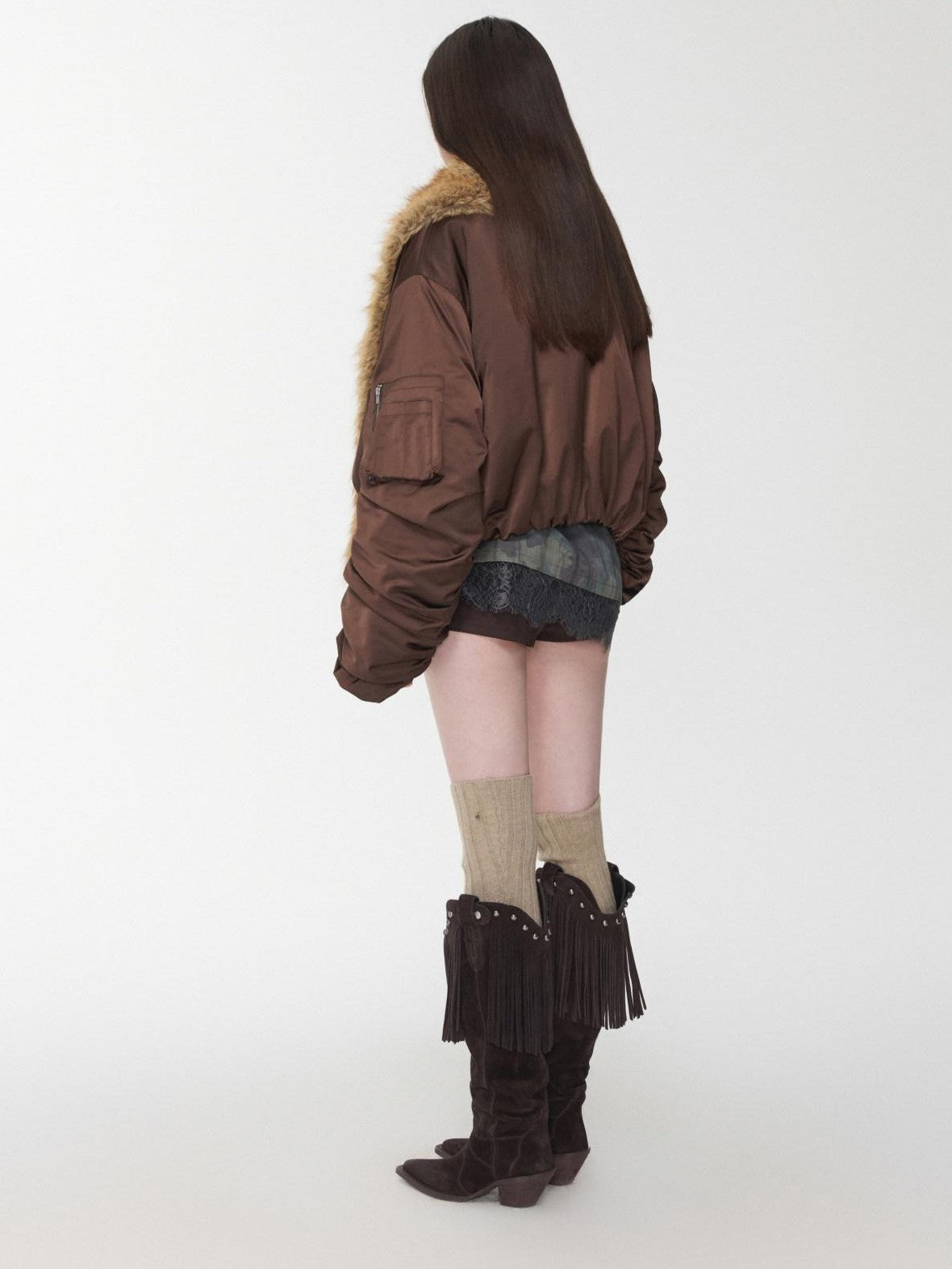 1JINN STUDIO Vintage Workwear Pleated Sleeve Contrast Fur Collar Women&