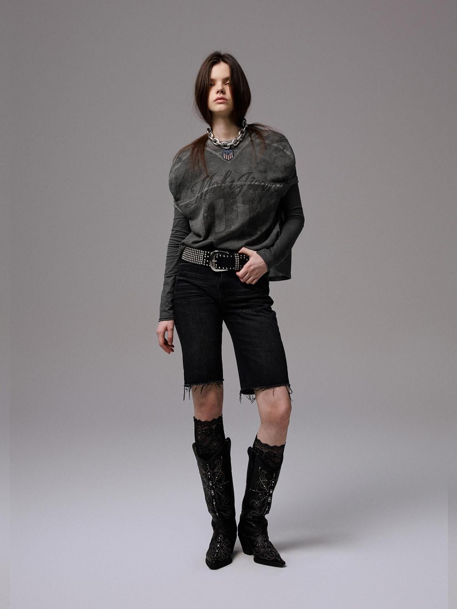 1JINN STUDIO Washed Black Distressed Embroidered Women&