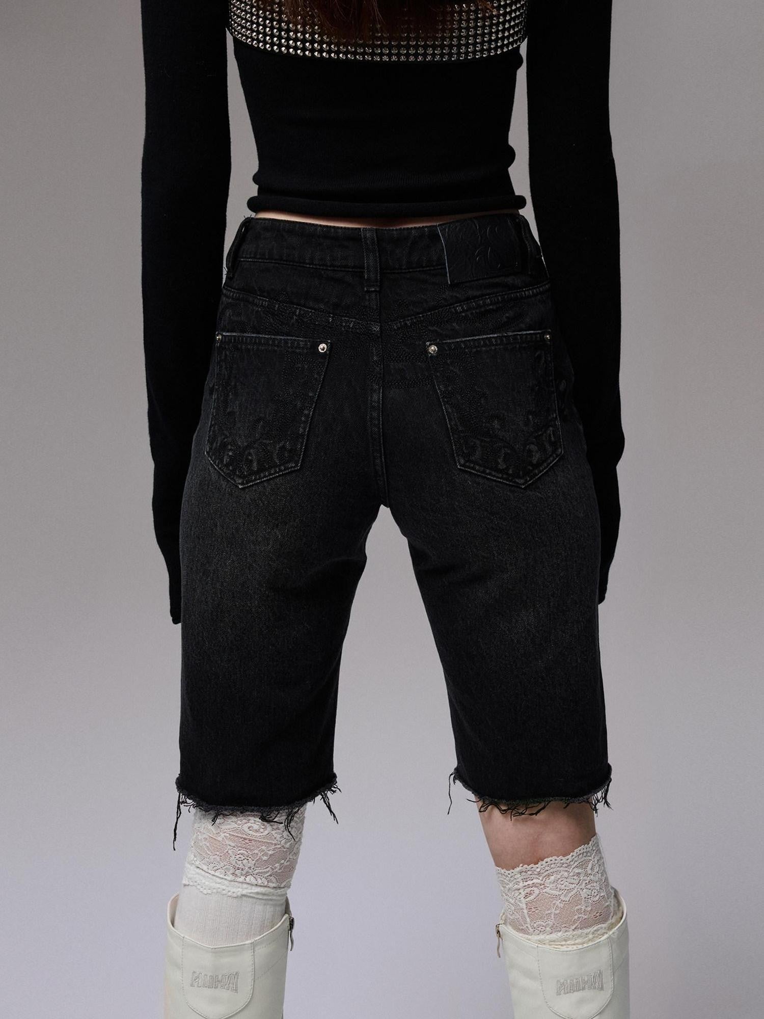 1JINN STUDIO Washed Black Distressed Embroidered Women&