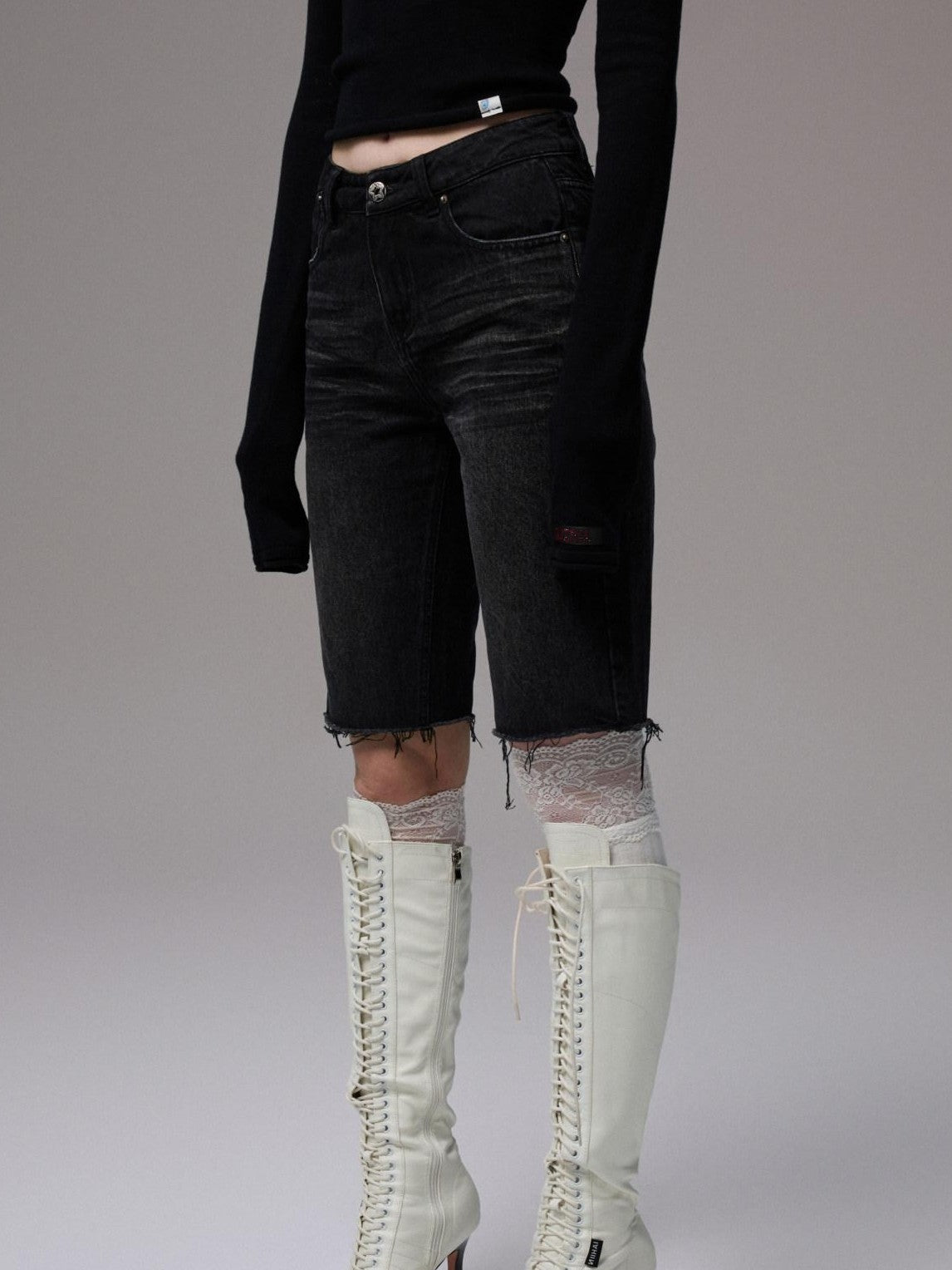 1JINN STUDIO Washed Black Distressed Embroidered Women&