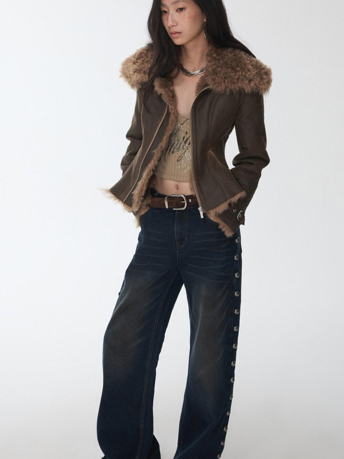 1JINN STUDIO Washed Crackle Leather Fur Collar Lapel Women&