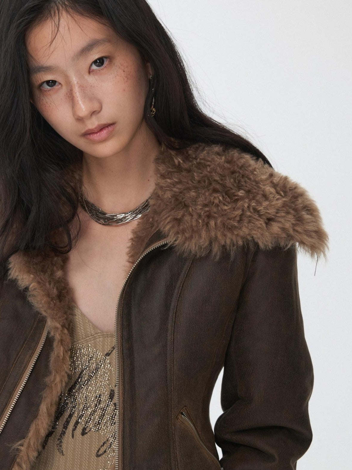 1JINN STUDIO Washed Crackle Leather Fur Collar Lapel Women&