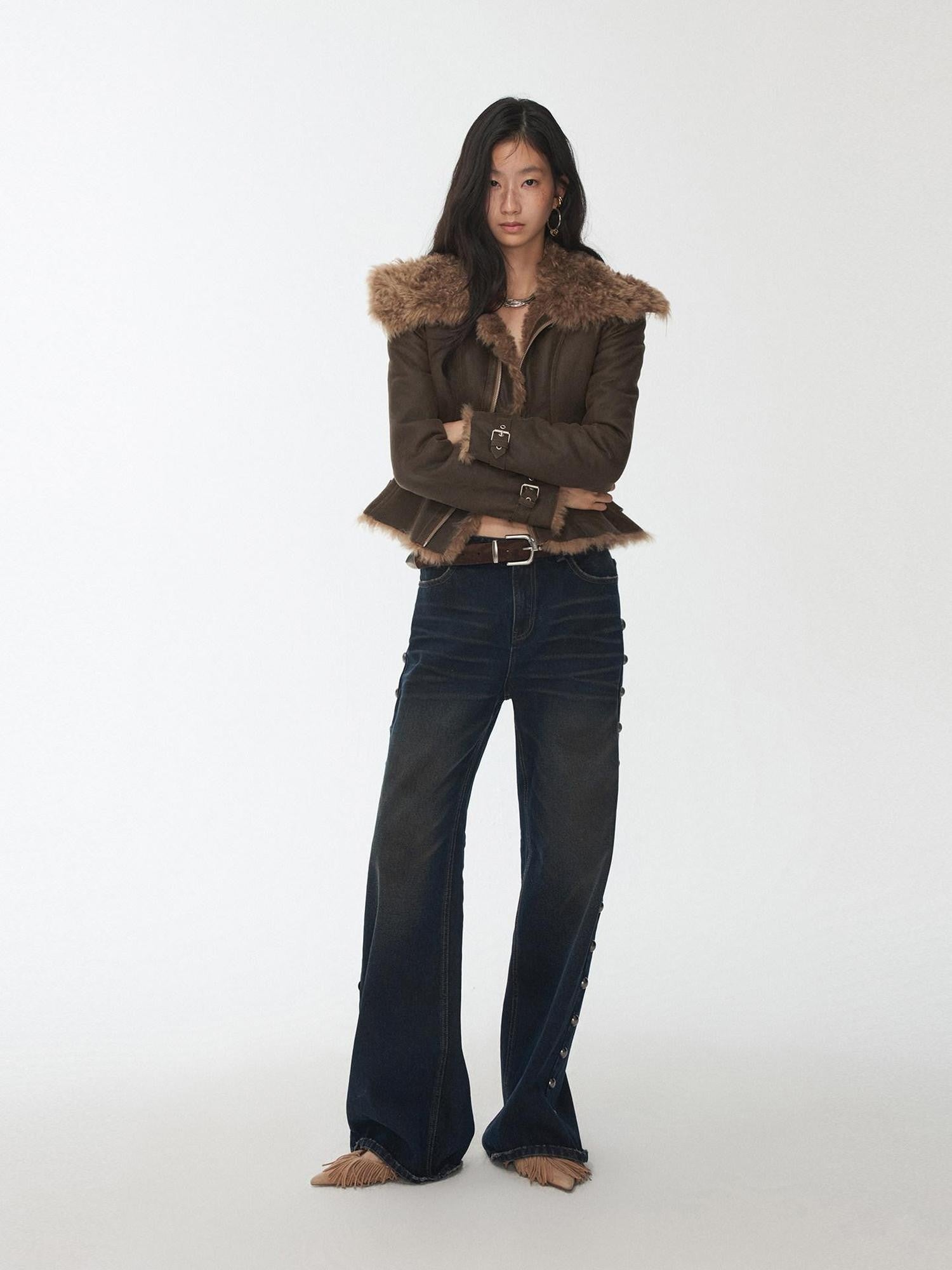 1JINN STUDIO Washed Crackle Leather Fur Collar Lapel Women&
