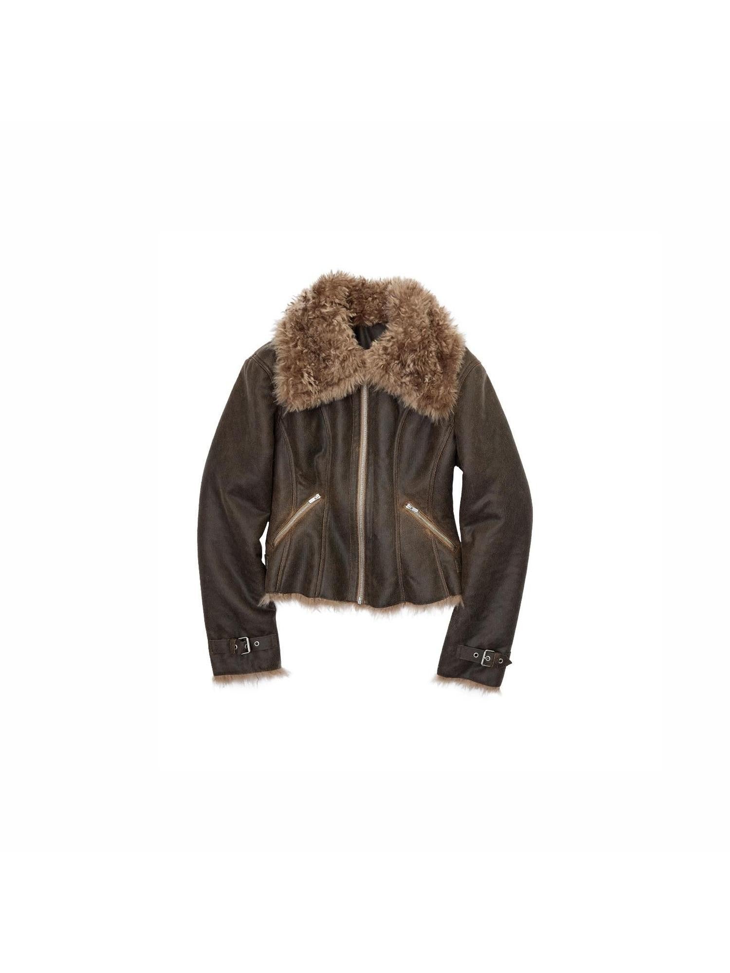 1JINN STUDIO Washed Crackle Leather Fur Collar Lapel Women&