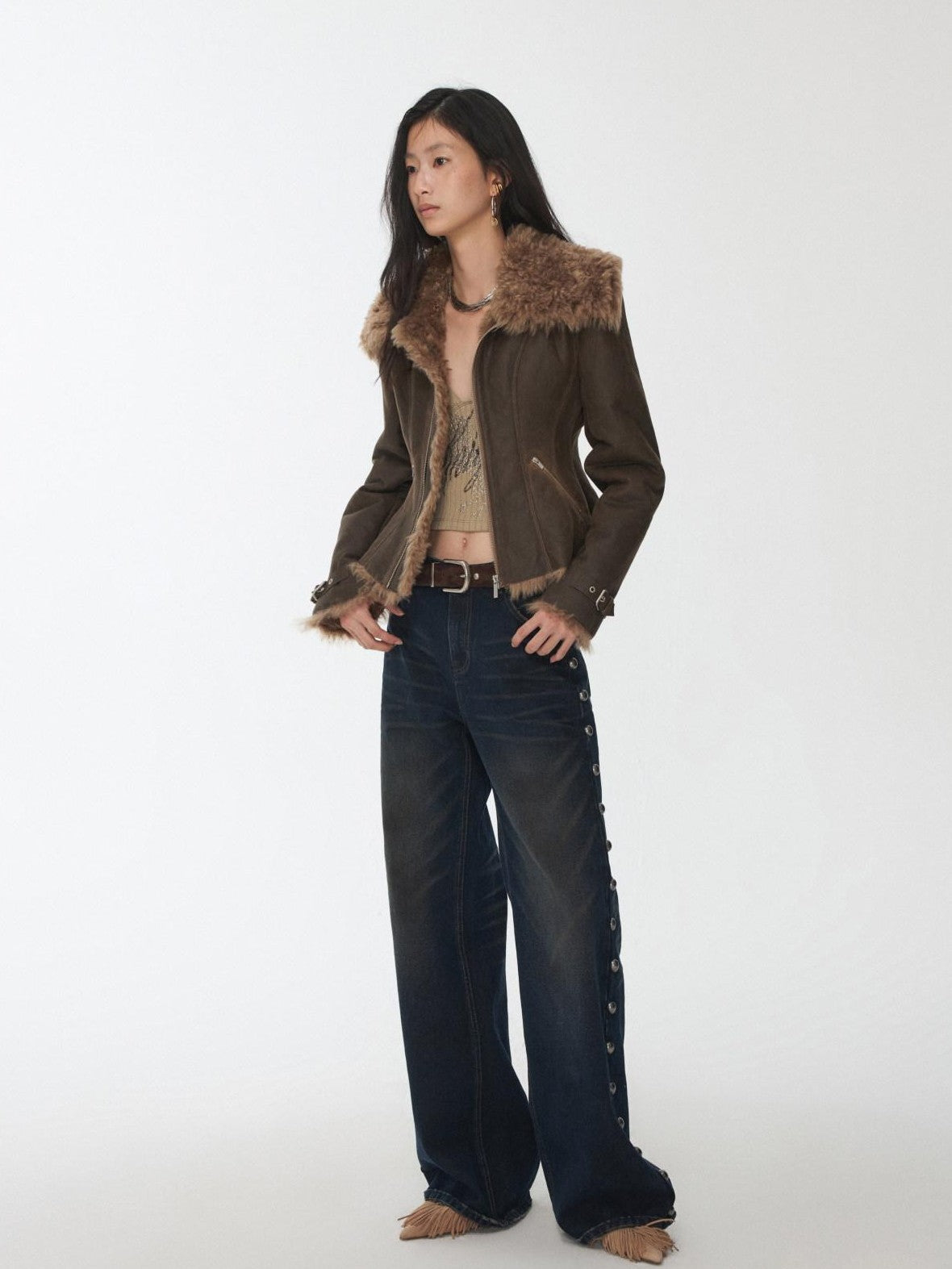 1JINN STUDIO Washed Crackle Leather Fur Collar Lapel Women&