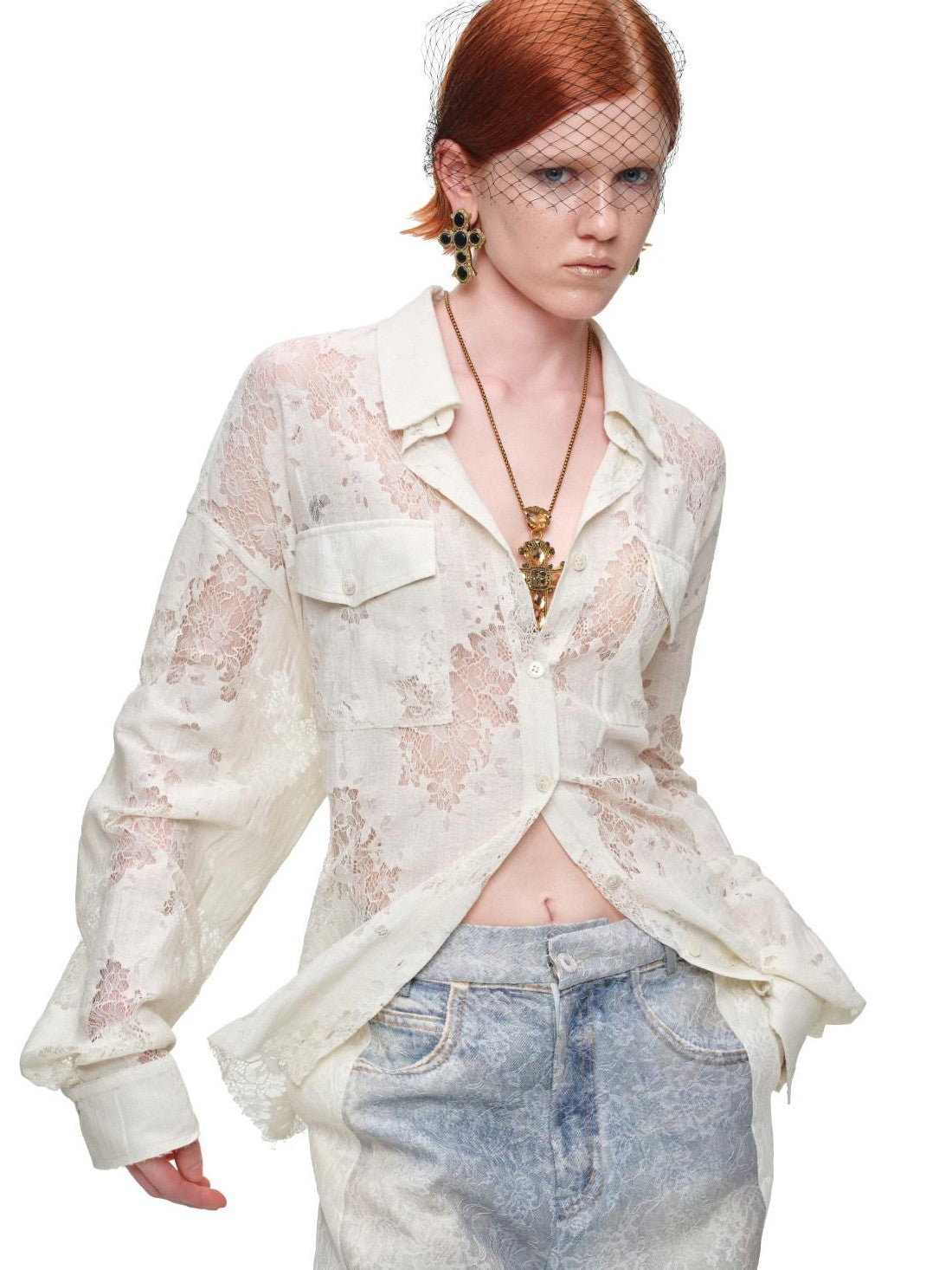 1JINN STUDIO Washed Distressed Spray Print Lace Mid Rise Women&