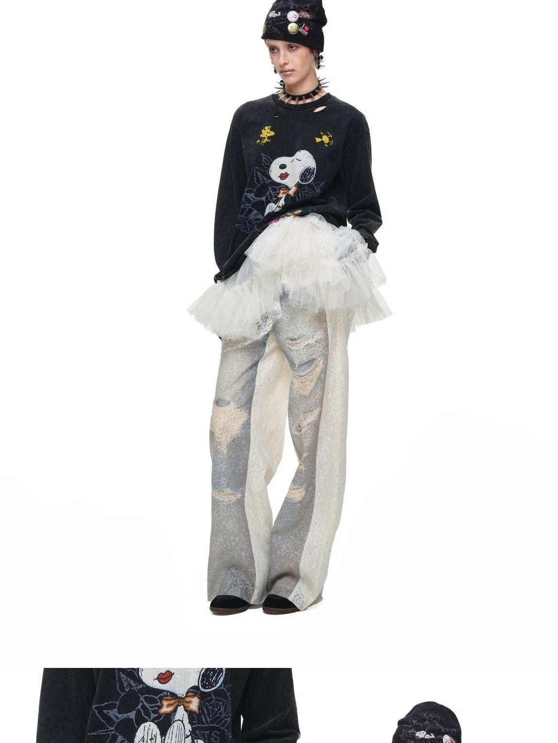 1JINN STUDIO Washed Distressed Spray Print Lace Mid Rise Women&
