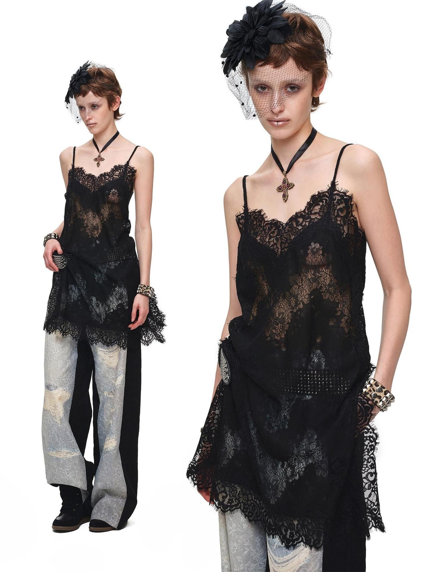 1JINN STUDIO Washed Distressed Spray Print Lace Mid Rise Women&