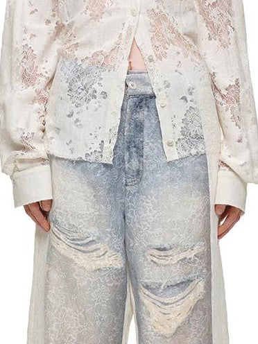 1JINN STUDIO Washed Distressed Spray Print Lace Mid Rise Women&