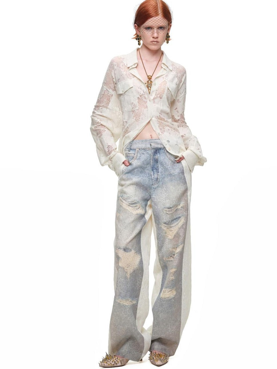 1JINN STUDIO Washed Distressed Spray Print Lace Mid Rise Women&