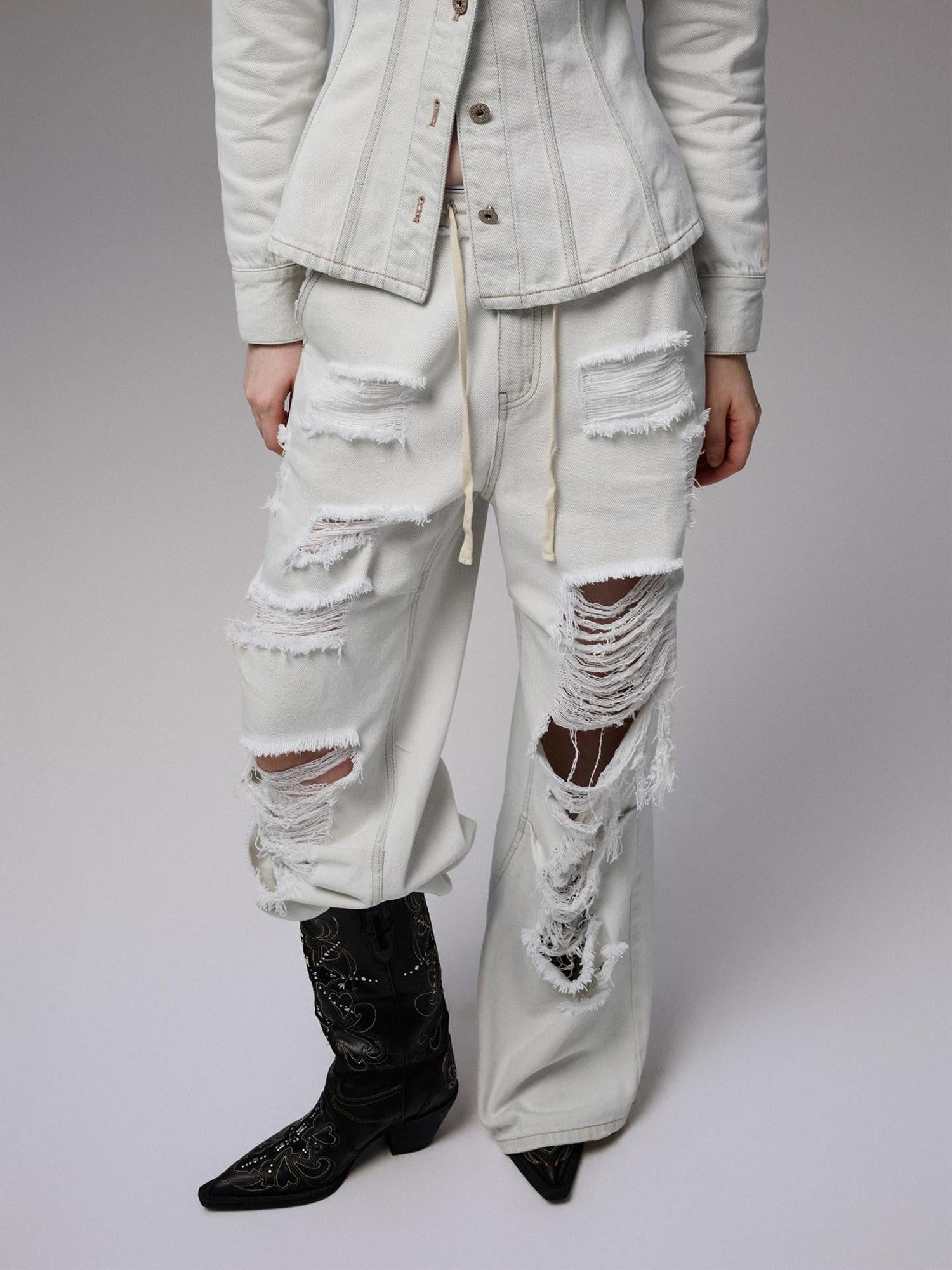 1JINN STUDIO Washed White Ripped Embroidered Low Waist Women&