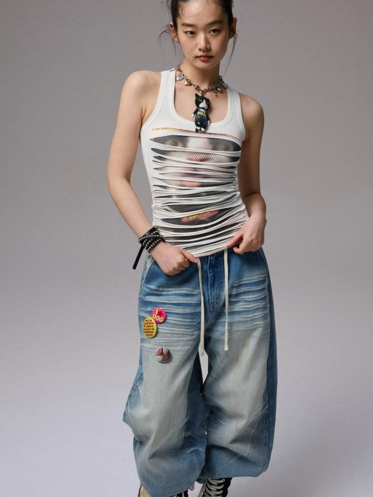 1JINN STUDIO White Distressed Biker Cat Print Double Layer Racerback Women&