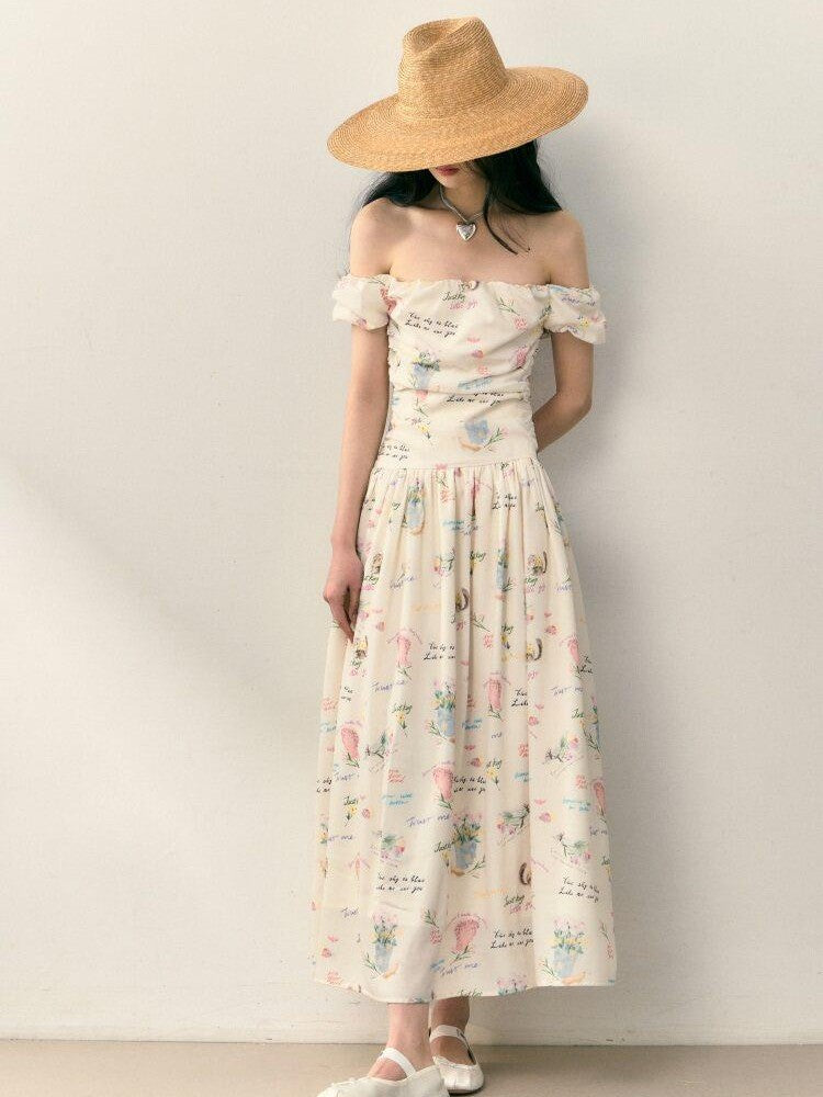 1P STUDIO Alphabet Floral Ruched Off Shoulder Women&