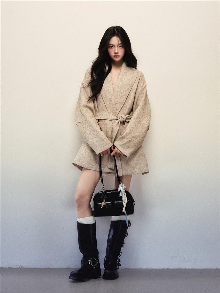 1P STUDIO Apricot Oversized Strapless Tie Waist Lapel Woolen Women&