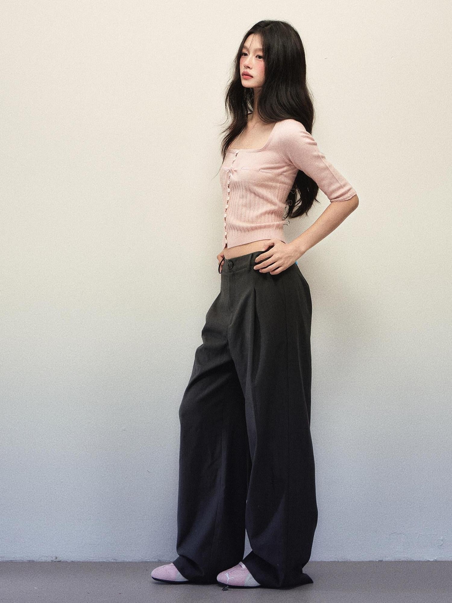 1P STUDIO Apricot Pink Square Neck Drawstring Waist Bow Half Sleeve Women&
