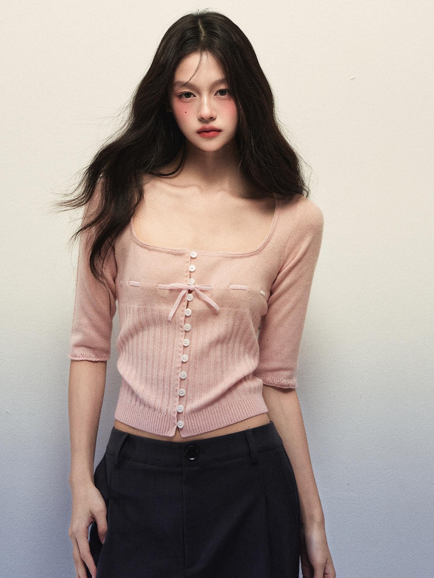 1P STUDIO Apricot Pink Square Neck Drawstring Waist Bow Half Sleeve Women&