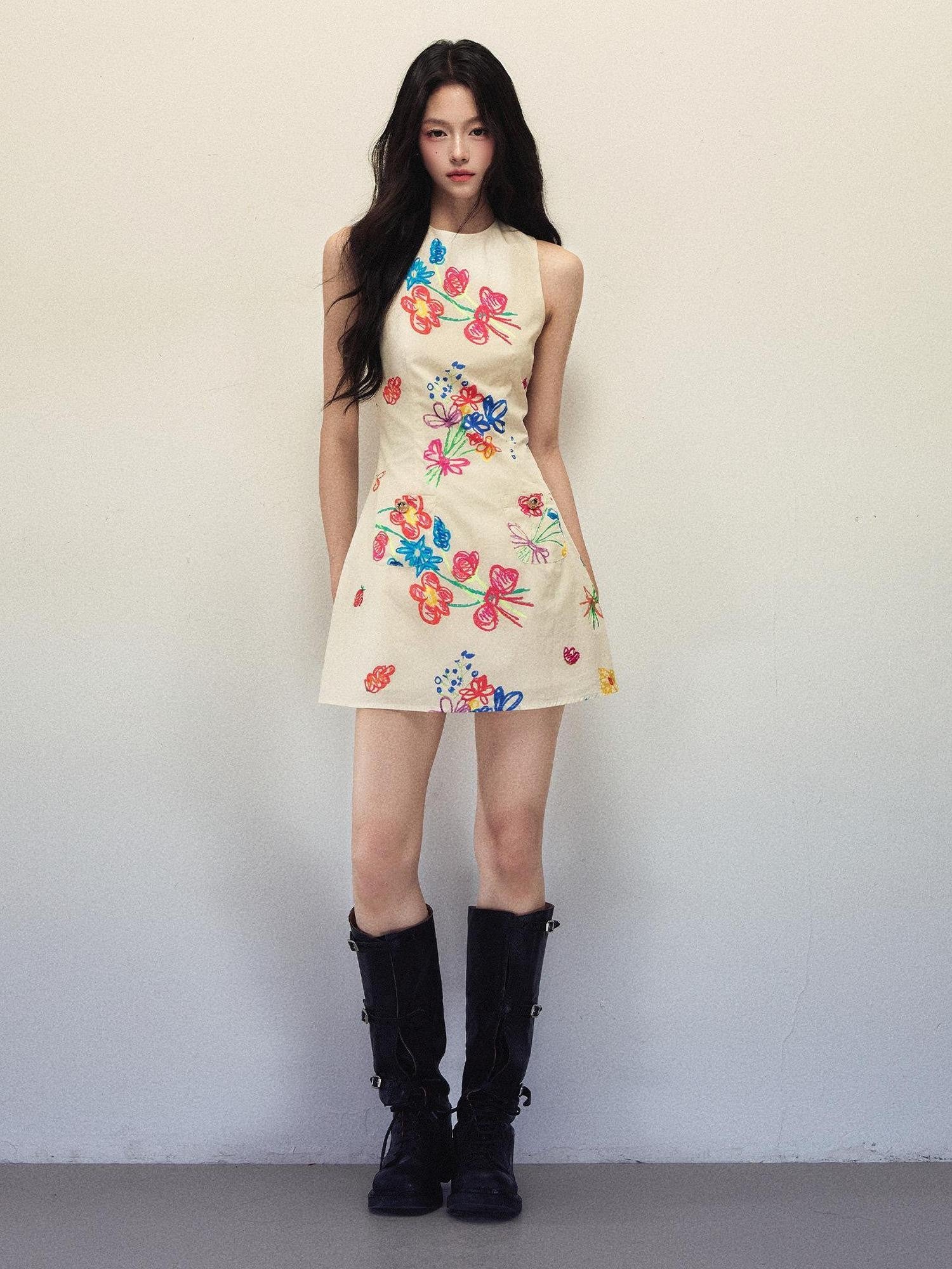 1P STUDIO Artistic Hand Painted Floral Print A Line Women&