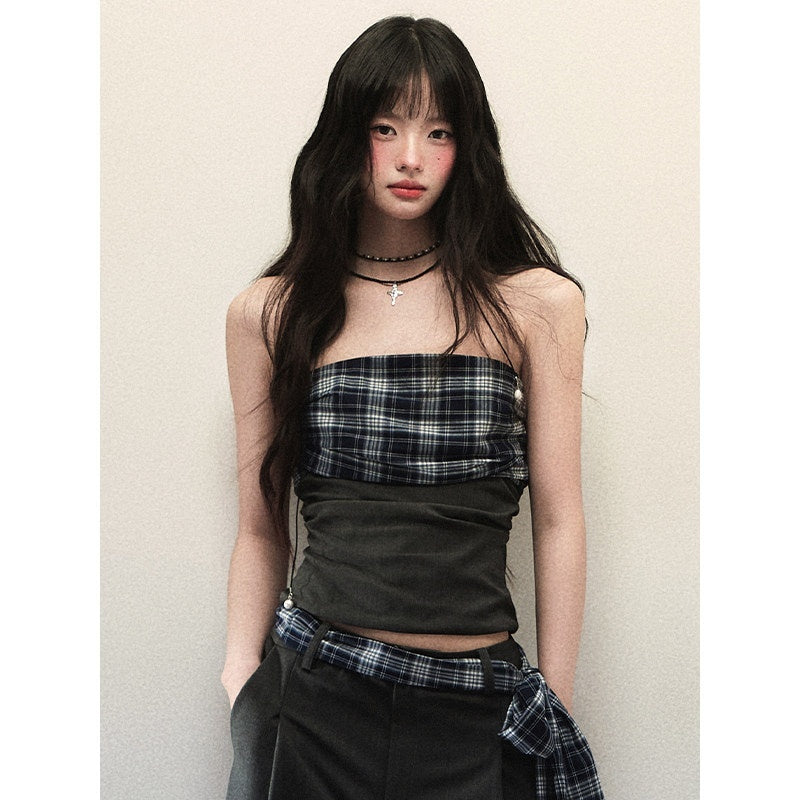 1P_STUDIO_Bandeau_Plaid_Patchwork_Tie_Waist_Wide_Leg_Loose_Women&