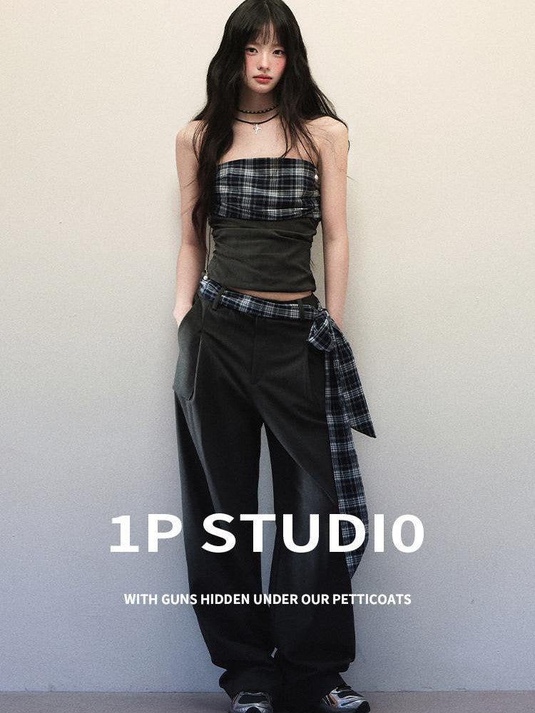 1P STUDIO Bandeau Plaid Patchwork Tie Waist Wide Leg Loose Women&