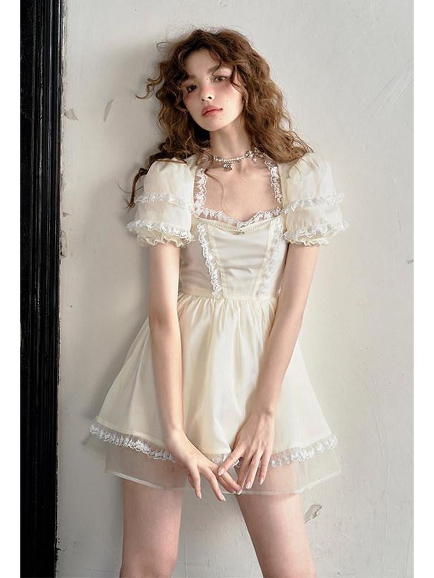 1P STUDIO Beaded Rhinestone Lace Puff Sleeve Waist Cinch Women&