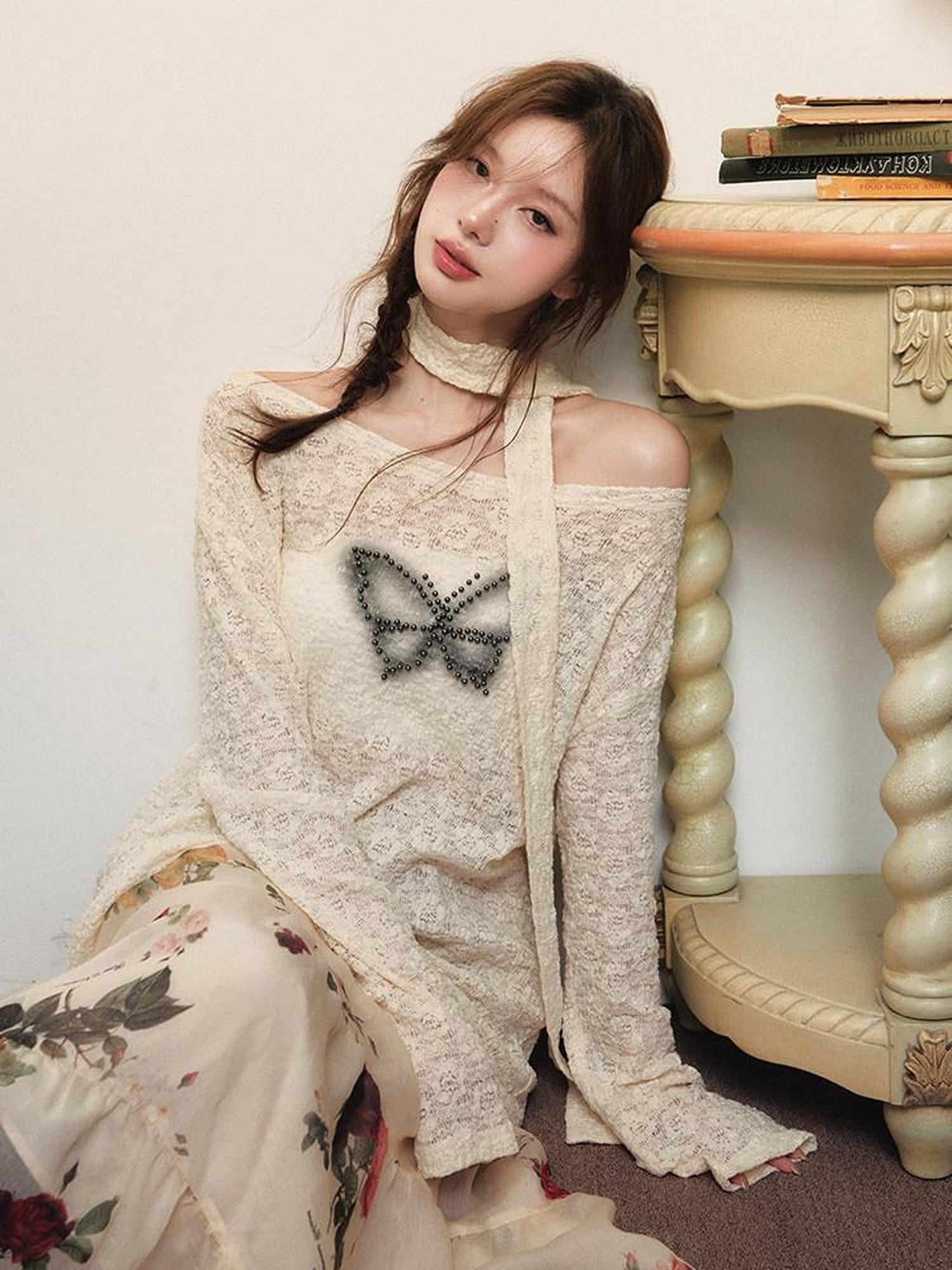 1P STUDIO Beige Beaded Lace Rose Floral Long Sleeve Pullover Women&