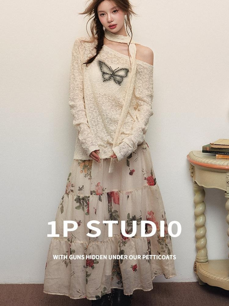 1P STUDIO Beige Beaded Lace Rose Floral Long Sleeve Pullover Women&