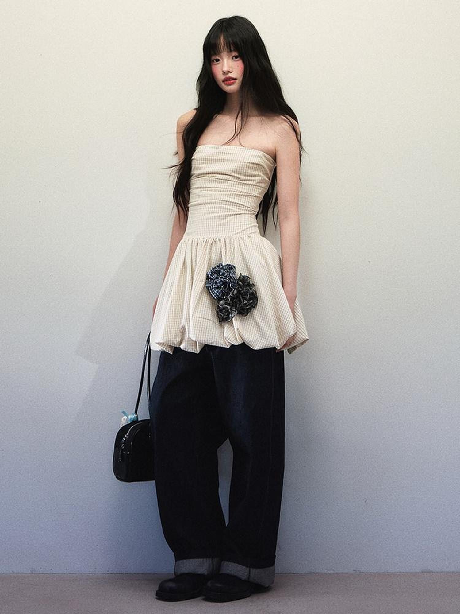 1P STUDIO Beige Fine Check Handcrafted Floral Cinched Waist Women&